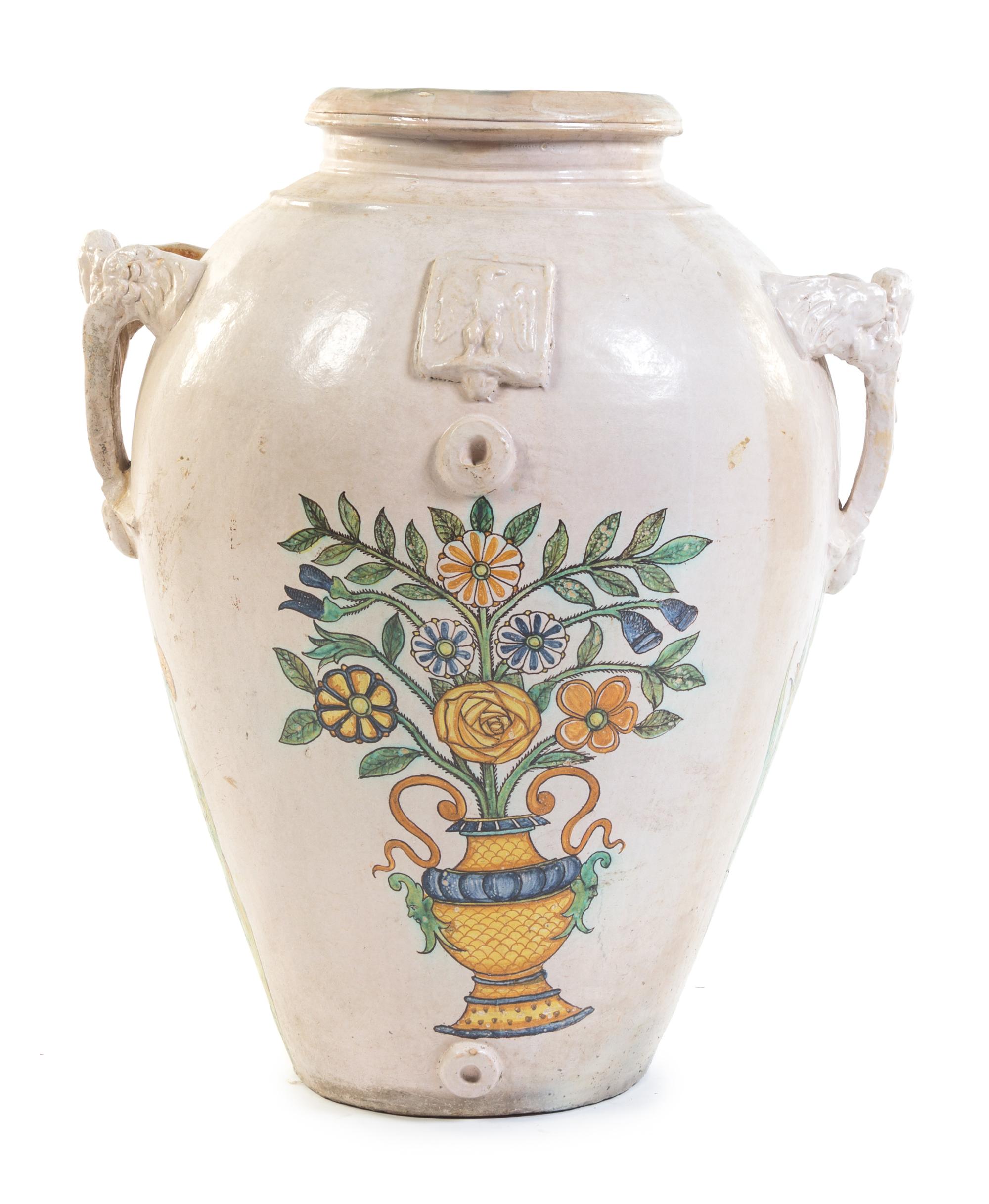 A Large Italian Faience Twin-Handled Jar Height 35 inches.