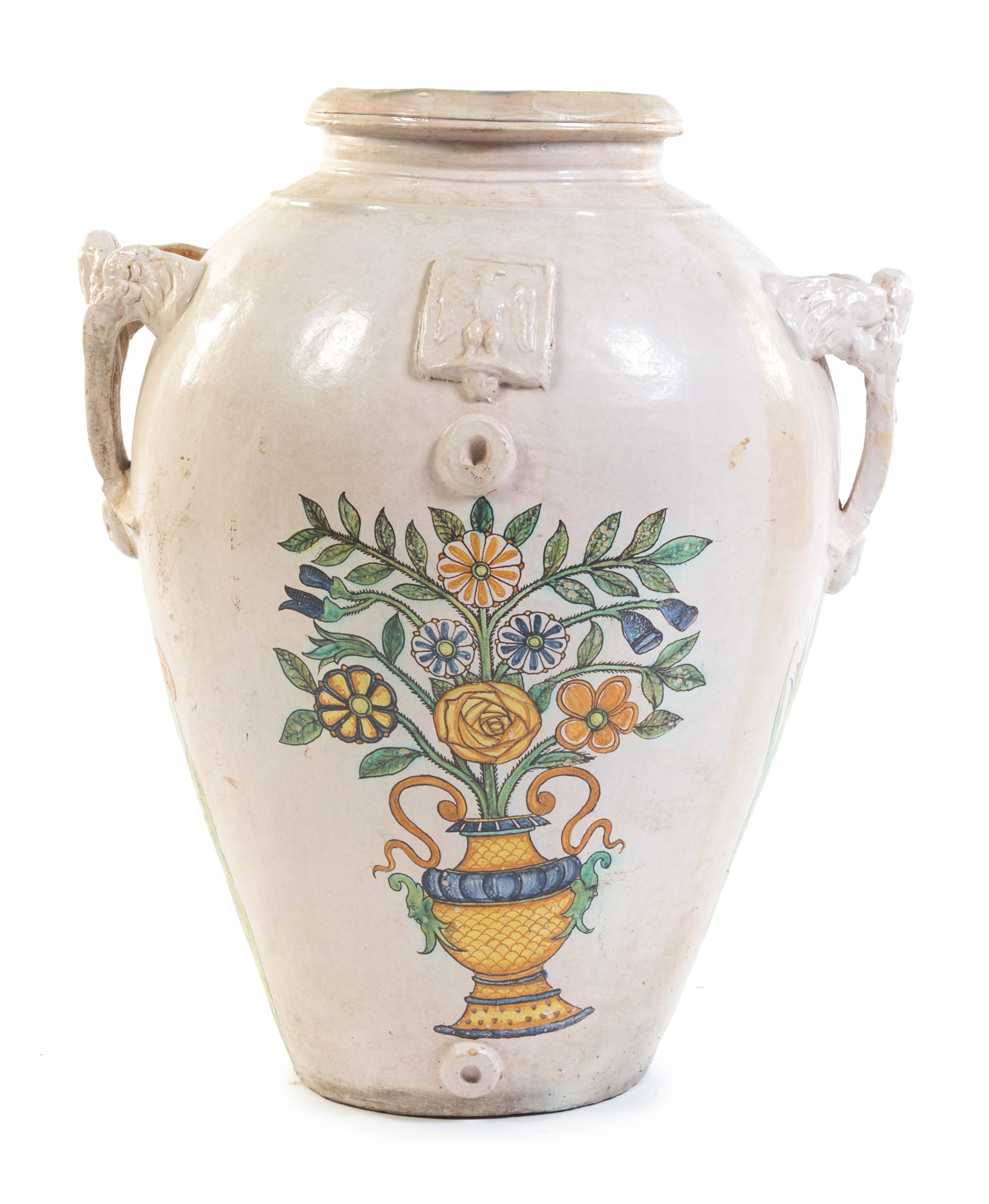 A Large Italian Faience Twin-Handled Jar Height 35 inches.