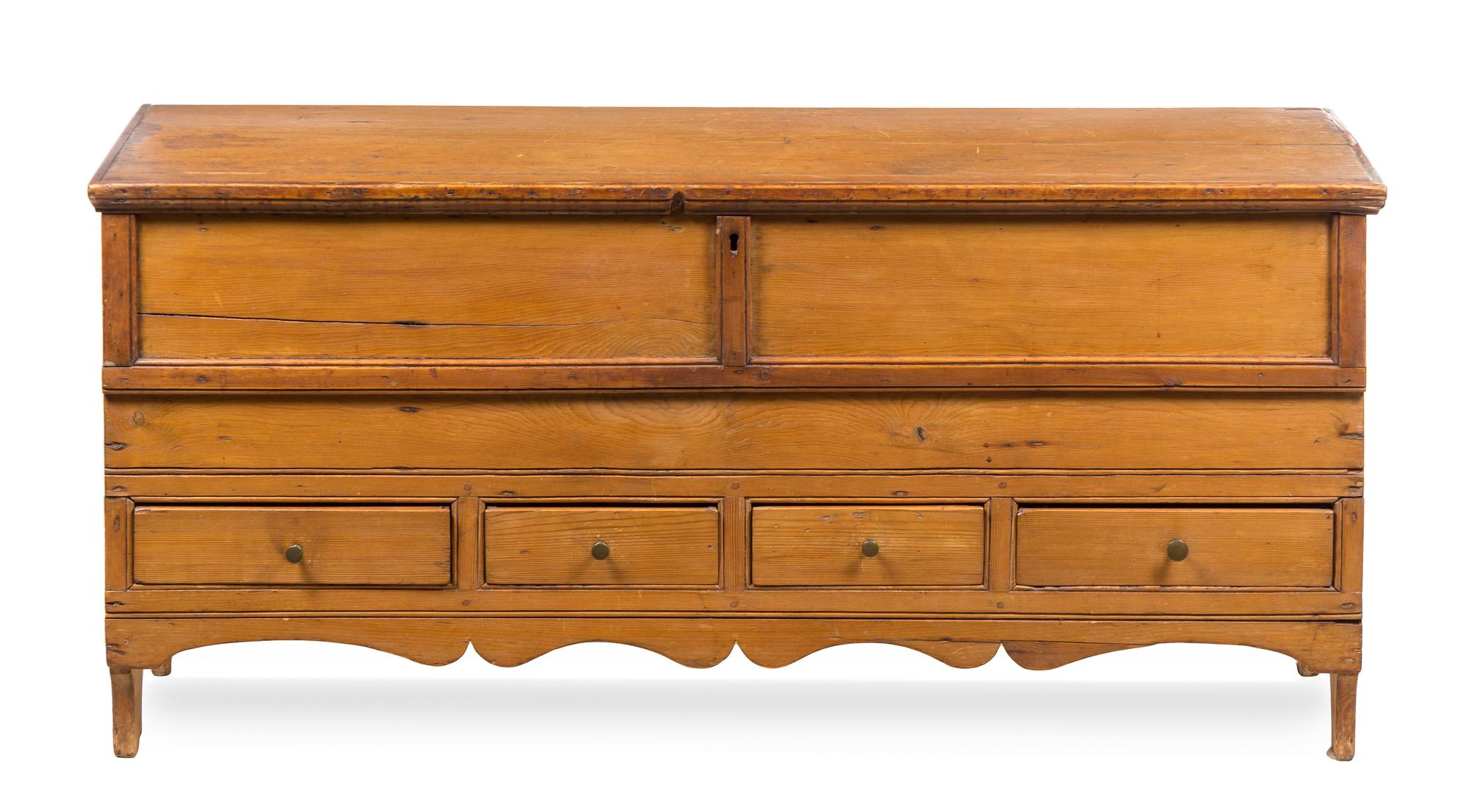 An American Pine Mule Chest Height 22 1/2 x width 49 x depth 16 inches. — 18TH CENTURY