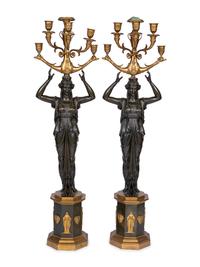A Pair of Empire Style Gilt and Patinated Bronze Six-Light Figural Candelabra