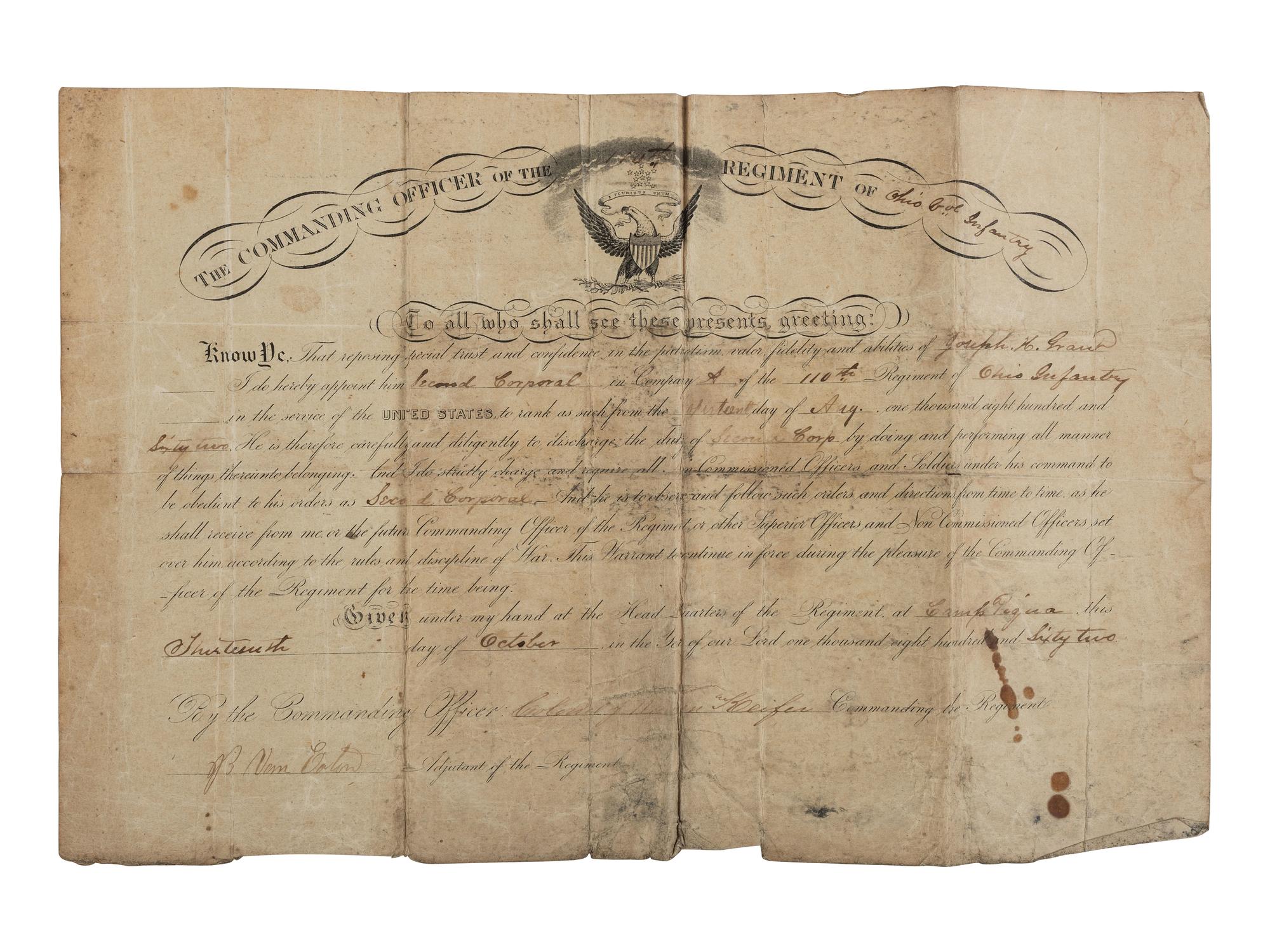 [CIVIL WAR]. War-date diaries, photography, and other ephemera associated with Sergeant Joseph H. Grant, Co. A, 110th Ohio Volunteer Infantry.