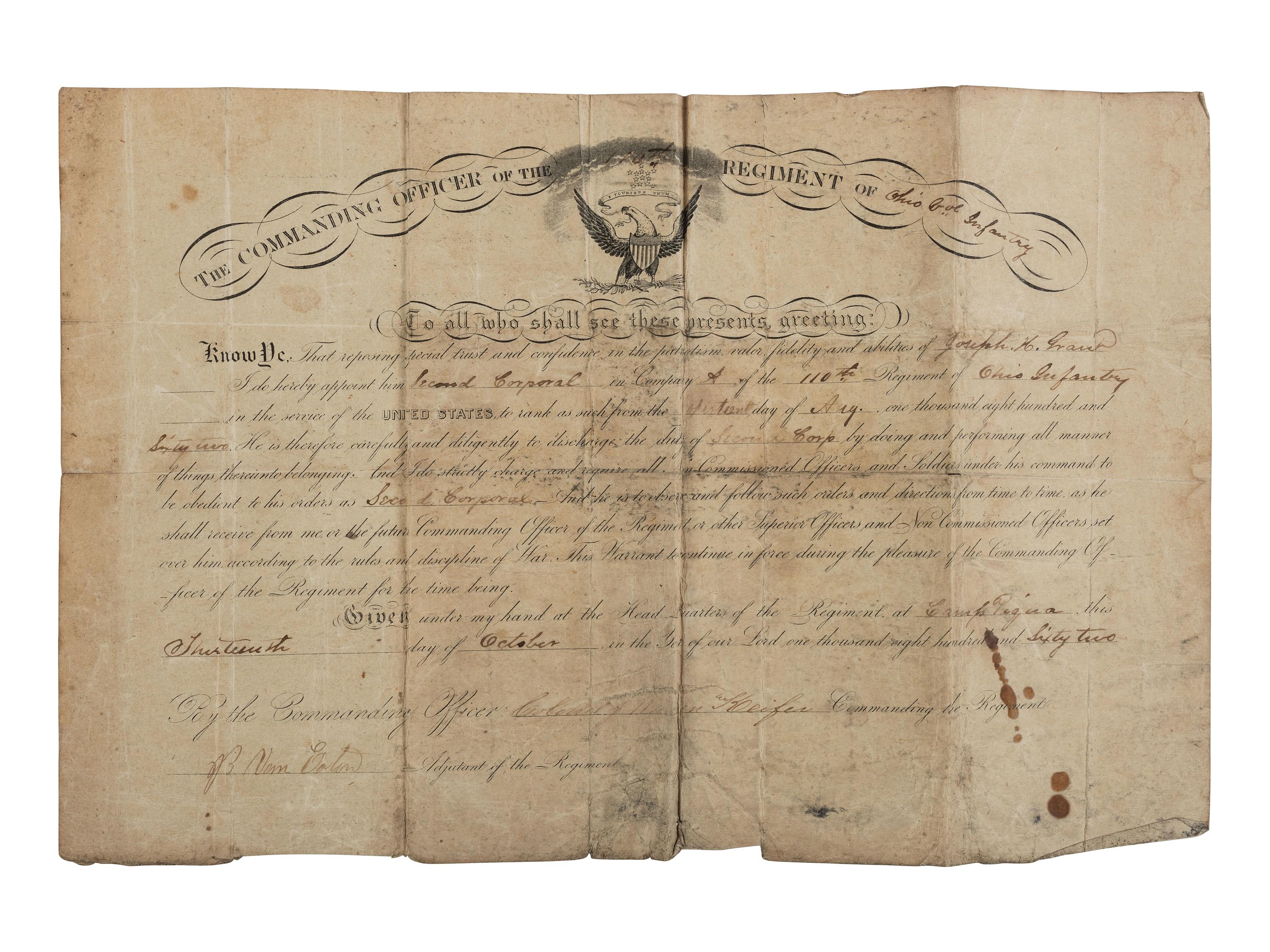 [CIVIL WAR]. War-date diaries, photography, and other ephemera associated with Sergeant Joseph H. Grant, Co. A, 110th Ohio Volunteer Infantry.