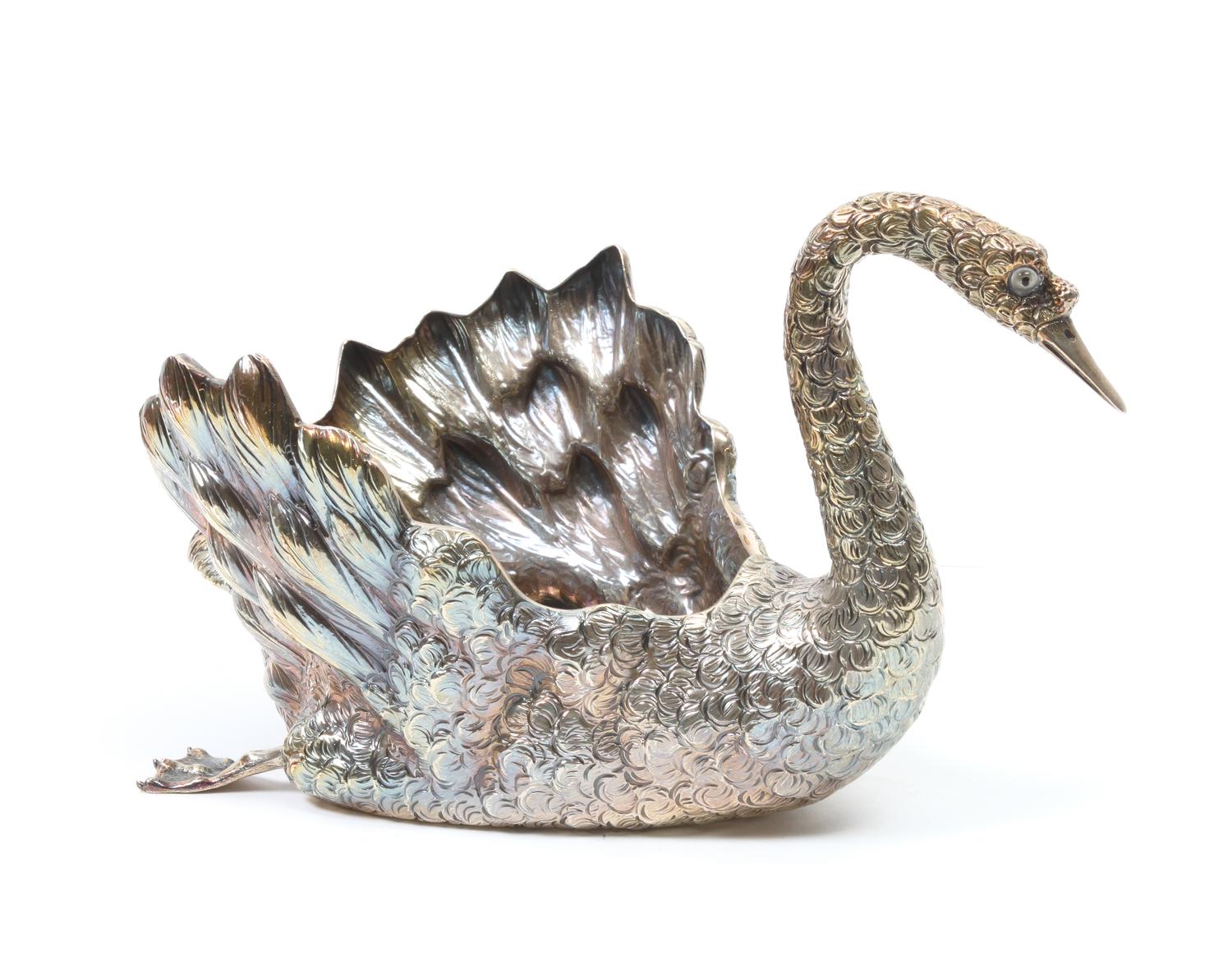 An Italian Silver Swan Candy Dish, Buccellati Height 4 x width 4 x depth 6 1/2 inches.
