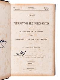 [DAVIS, Jefferson (1808-1889), his copy]. Message from the President of the United States to the Two Houses of Congress, at the Commencement of the Second Session of the Thirty-Third Congress, Part I . Washington: Beverley Tucker, Senate Printer, 1854.