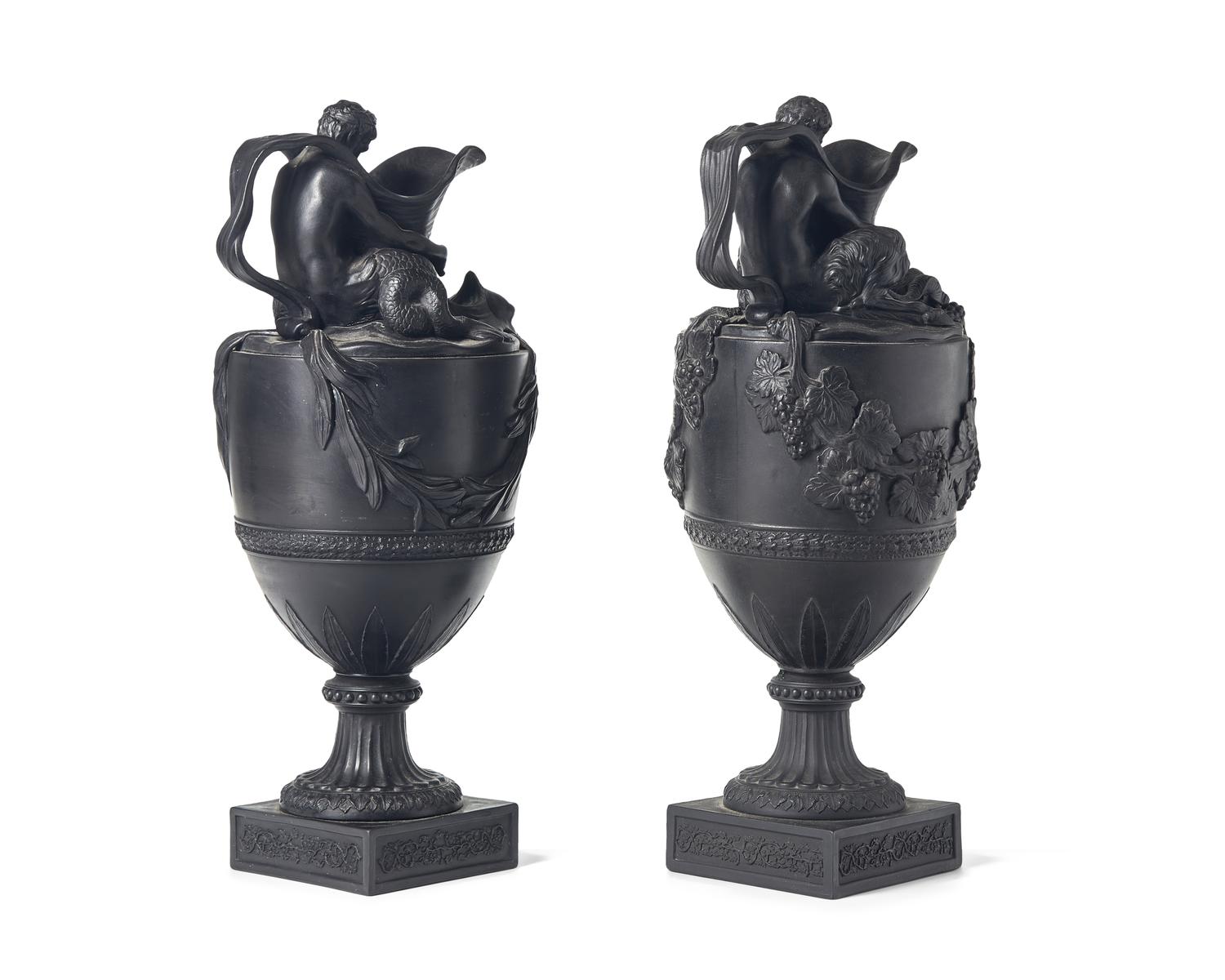 A Pair of Wedgwood Black Basalt Figural Ewers
