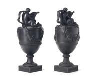 A Pair of Wedgwood Black Basalt Figural Ewers