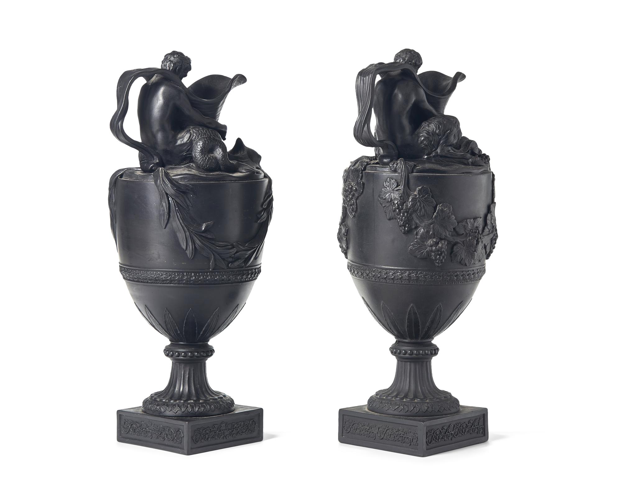 A Pair of Wedgwood Black Basalt Figural Ewers
