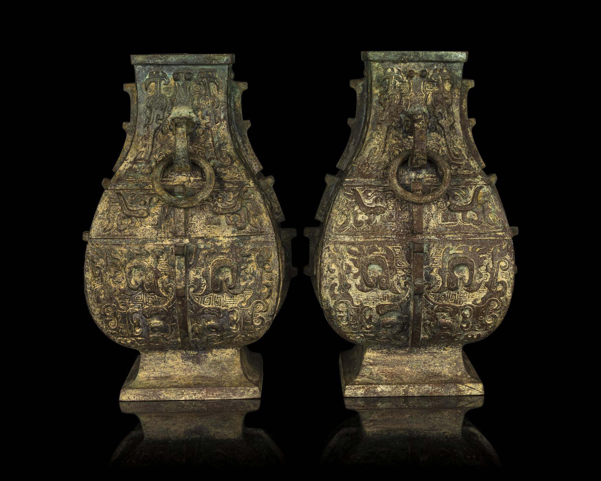 A Pair of Chinese Archaistic Bronze Hu Vases