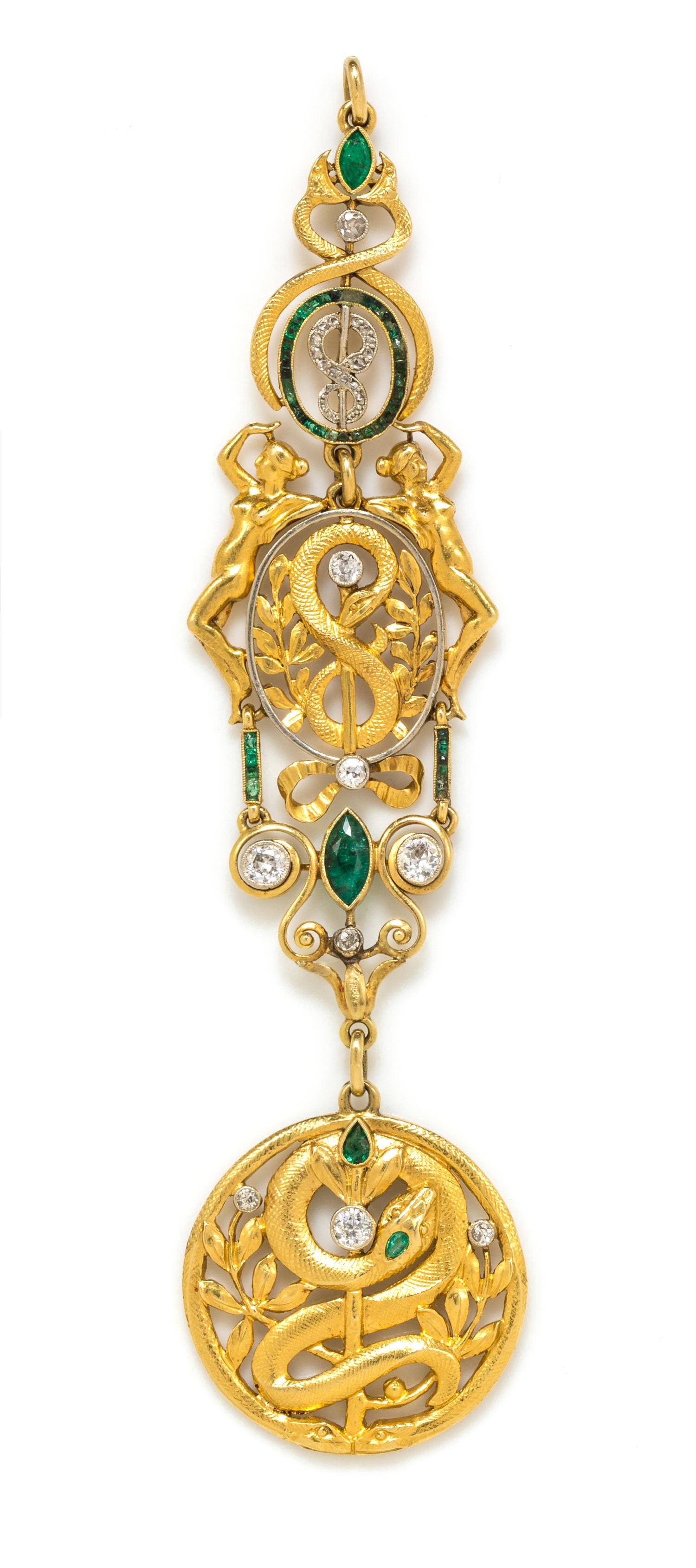 An Edwardian Yellow Gold, Platinum, Diamond, and Emerald Serpent Motif Fob Pendant, 17.40 dwts.