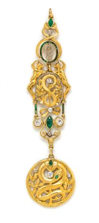 An Edwardian Yellow Gold, Platinum, Diamond, and Emerald Serpent Motif Fob Pendant, 17.40 dwts.