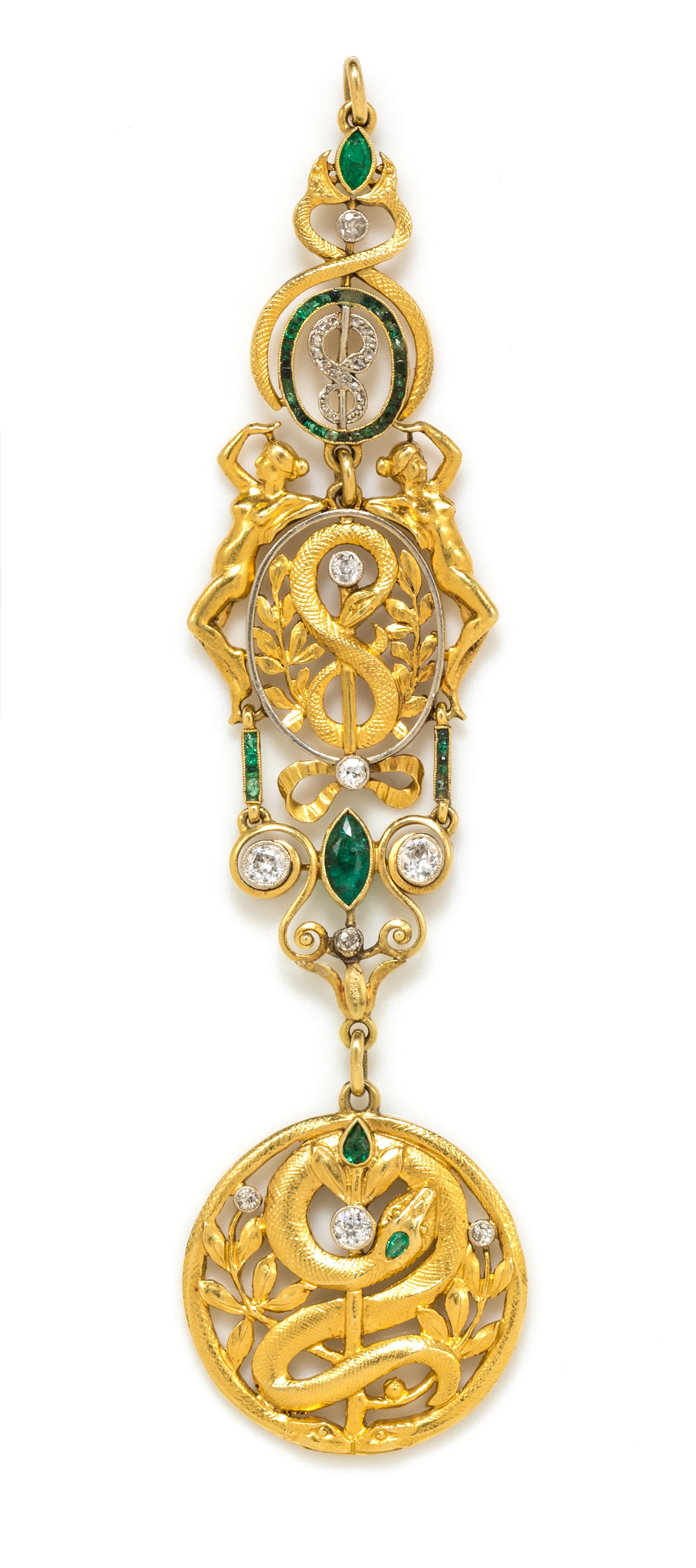 An Edwardian Yellow Gold, Platinum, Diamond, and Emerald Serpent Motif Fob Pendant, 17.40 dwts.