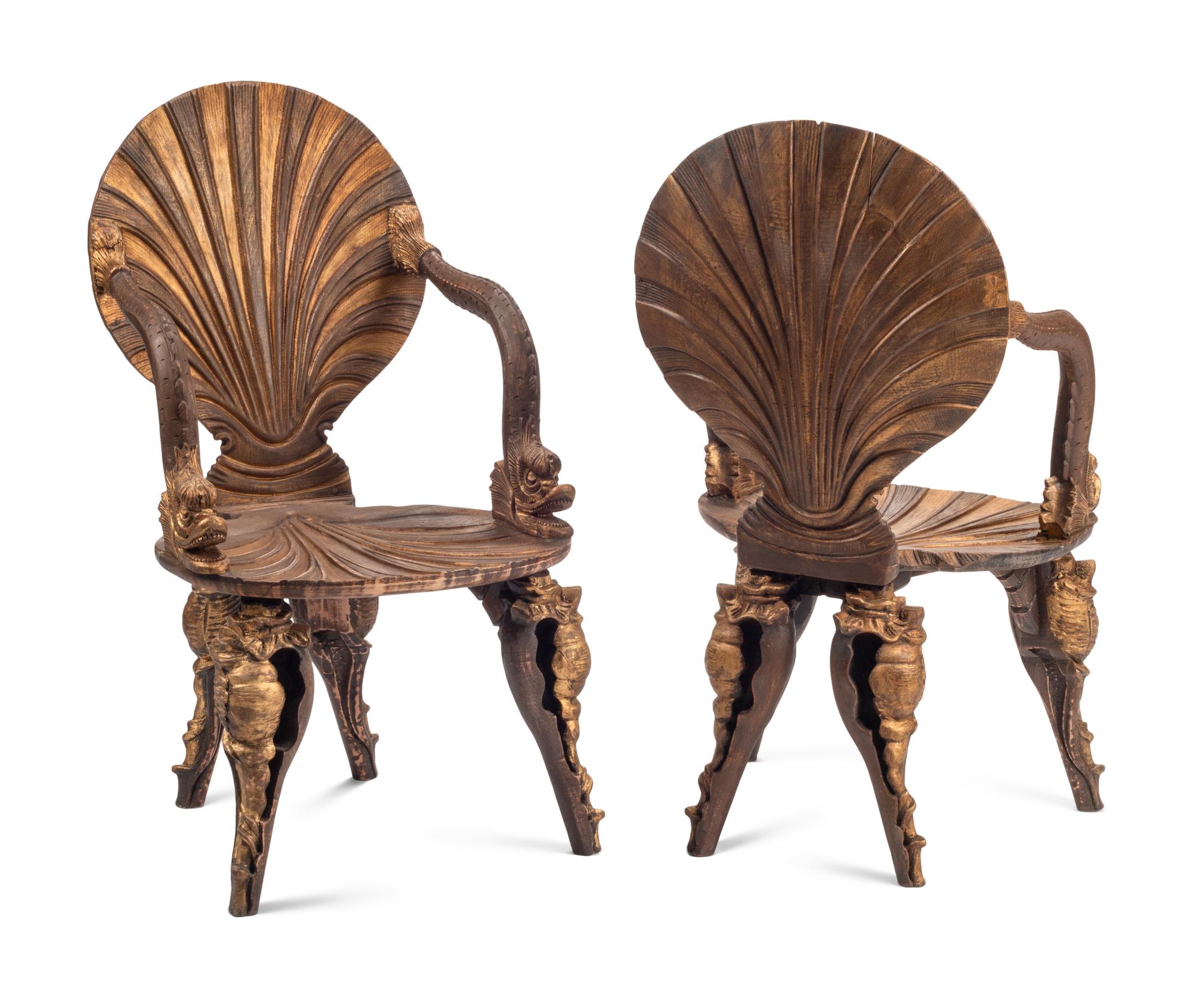 A Pair of Painted and Parcel Gilt “Grotto” Armchairs
