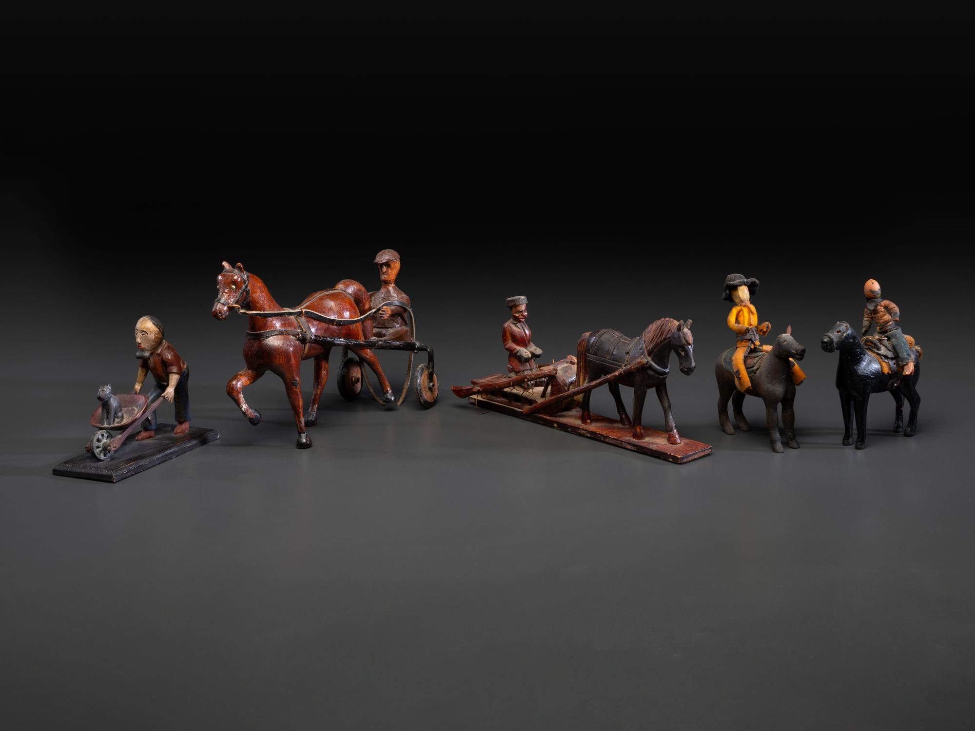 Five Canadian Folk Art Carved and Painted Figures of Men with Animals