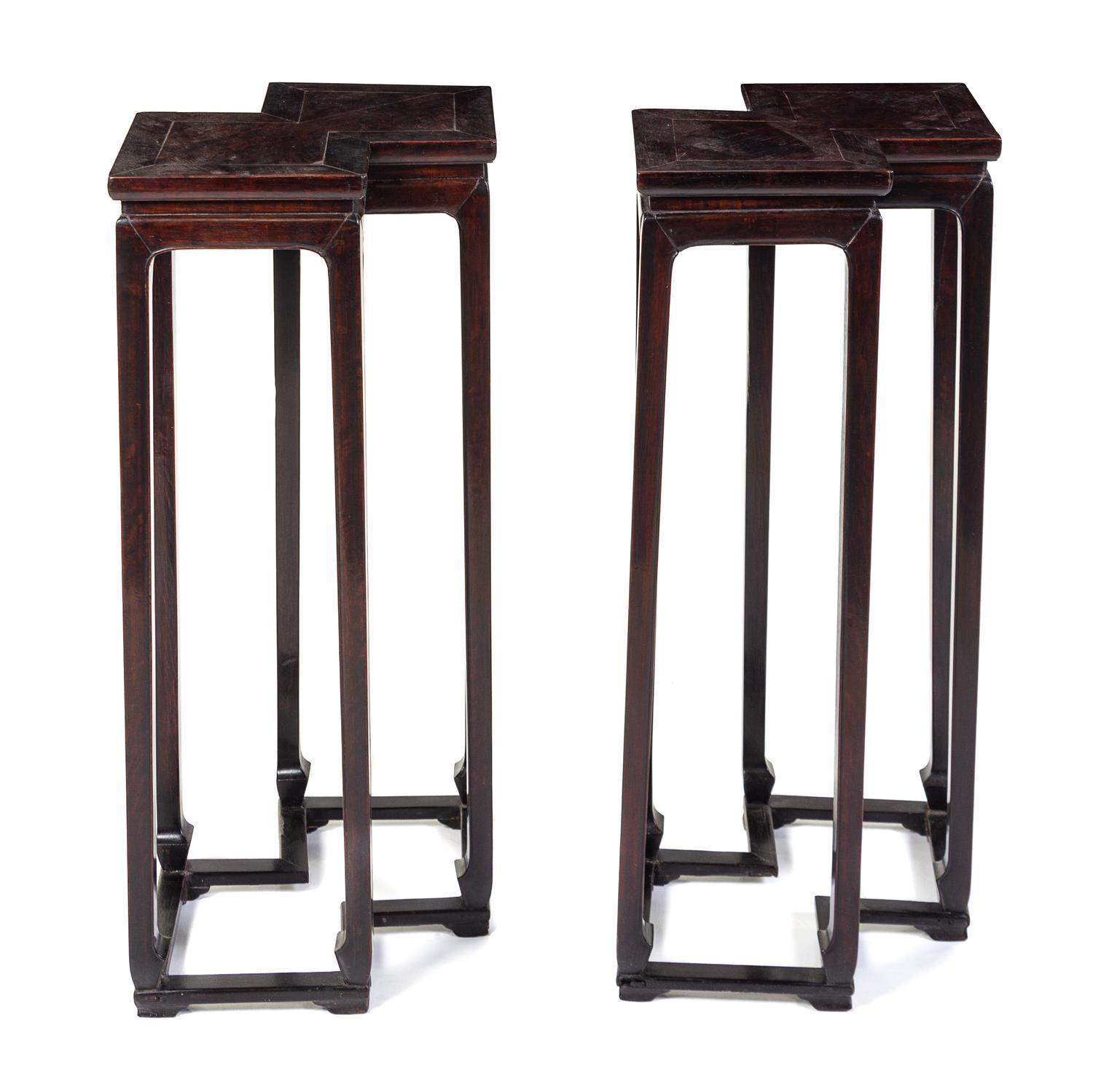 A Pair of Chinese Hardwood Side Stands Height 34 1/4 x width 21 1/4 x depth 13 3/4 inches. — 19TH CENTURY