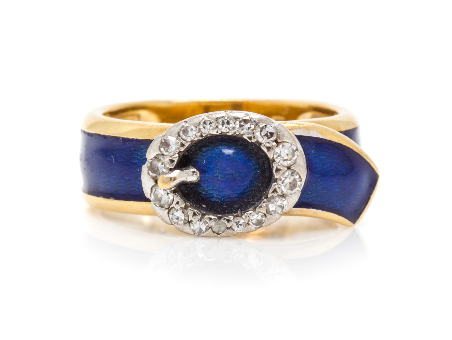 An 18 Karat Gold, Diamond and Enamel Belt Motif Ring, 6.00 dwts.