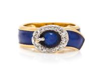 An 18 Karat Gold, Diamond and Enamel Belt Motif Ring, 6.00 dwts.