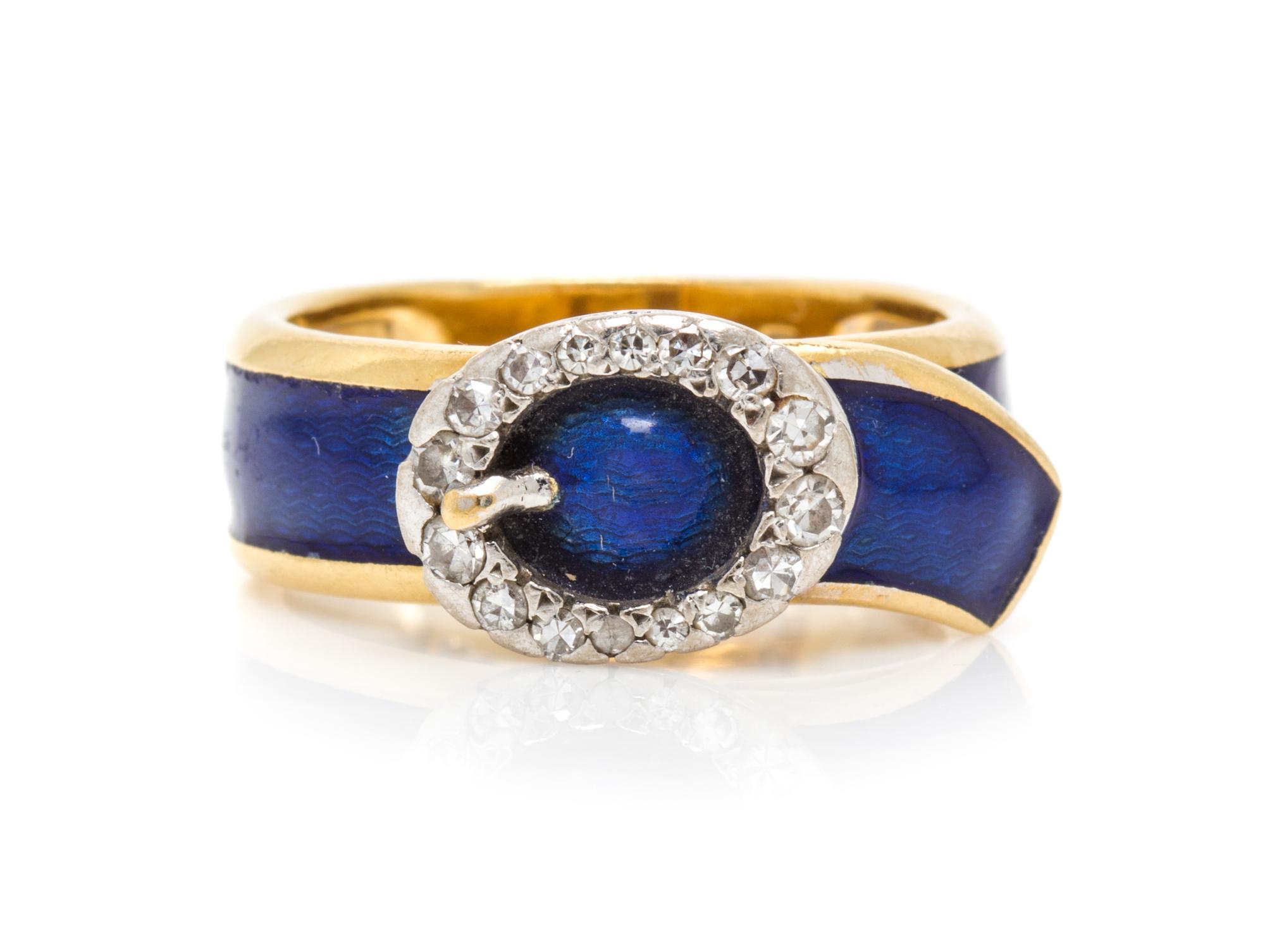 An 18 Karat Gold, Diamond and Enamel Belt Motif Ring, 6.00 dwts.
