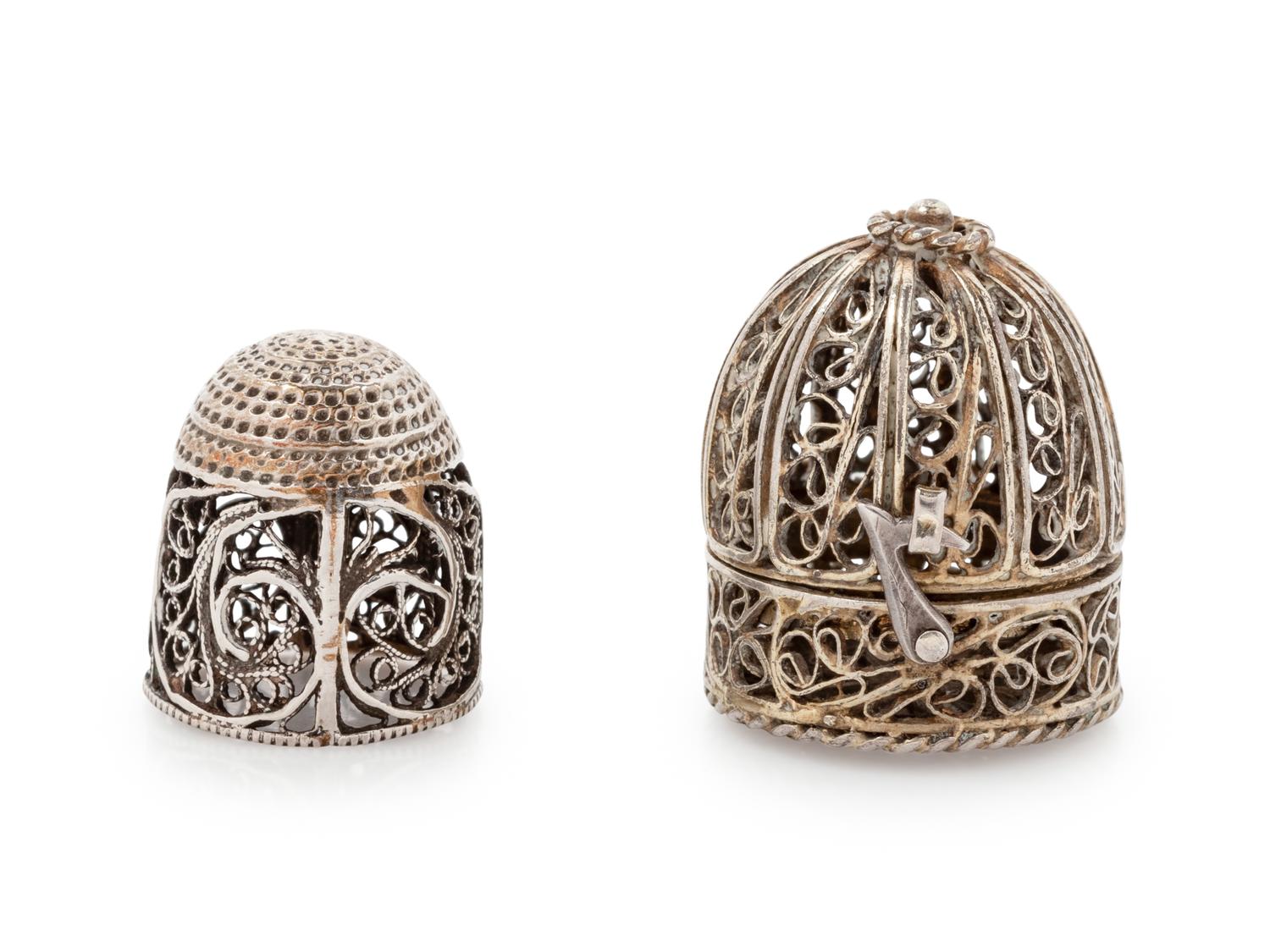 A Continental Silver Filigree Thimble and Thimble Case