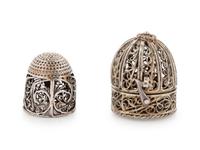 A Continental Silver Filigree Thimble and Thimble Case