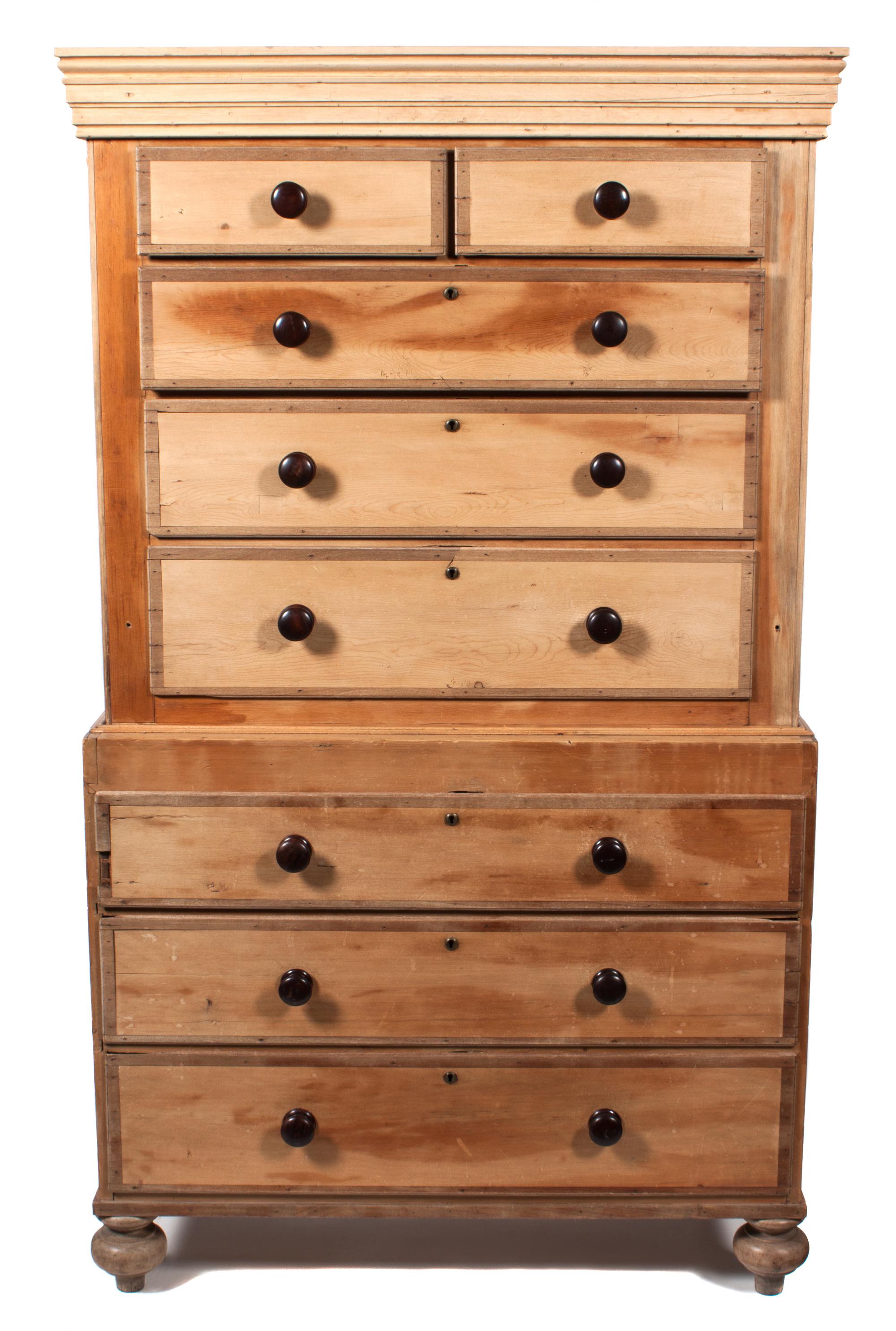 An American Pine Chest-On-Chest Height 75 x width 44 x depth 22 1/2 inches. — 19TH CENTURY