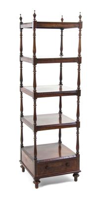 A Regency Rosewood Etagere, Height 82 3/4 x width 18 x depth 18 inches.