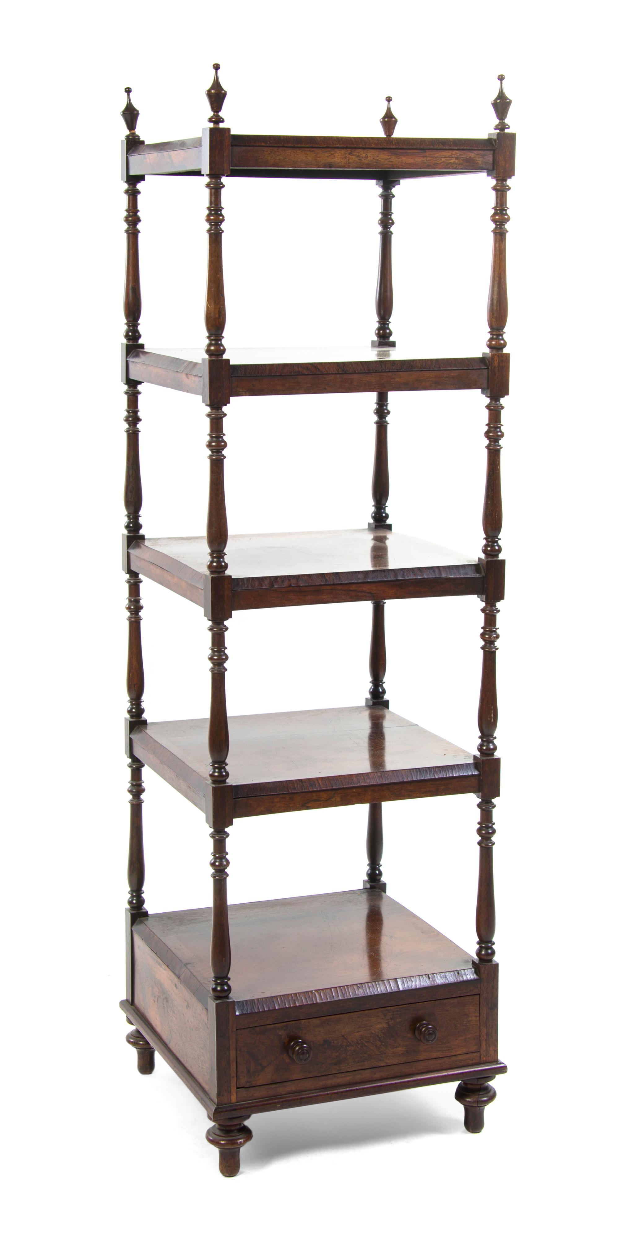 A Regency Rosewood Etagere, Height 82 3/4 x width 18 x depth 18 inches.