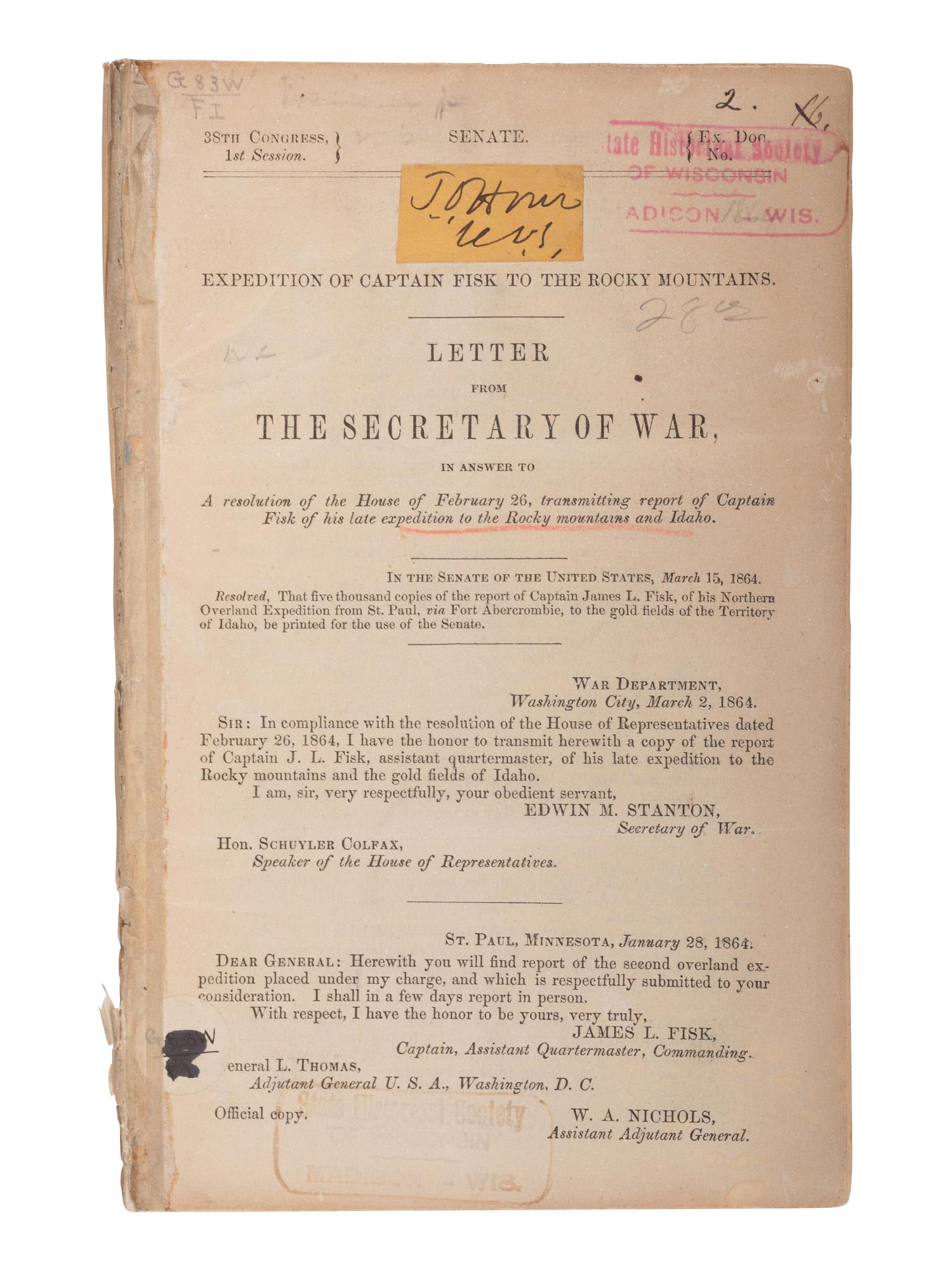 [WESTERN AMERICANA]. Expedition of Captain Fisk to the Rocky Mountains. Letter from the Secretary of War. [Washington]: N.p., [1864].