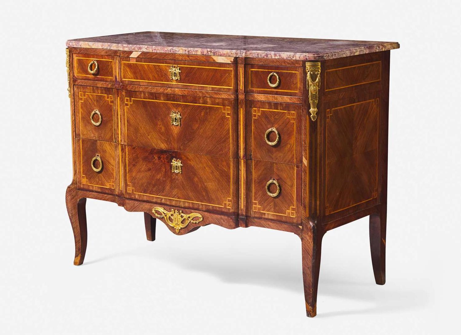 A Louis XVI style gilt-bronze mounted parquetry commode with breccia marble top, Brunovan, Inc., Paris and New York, first half 20th century
