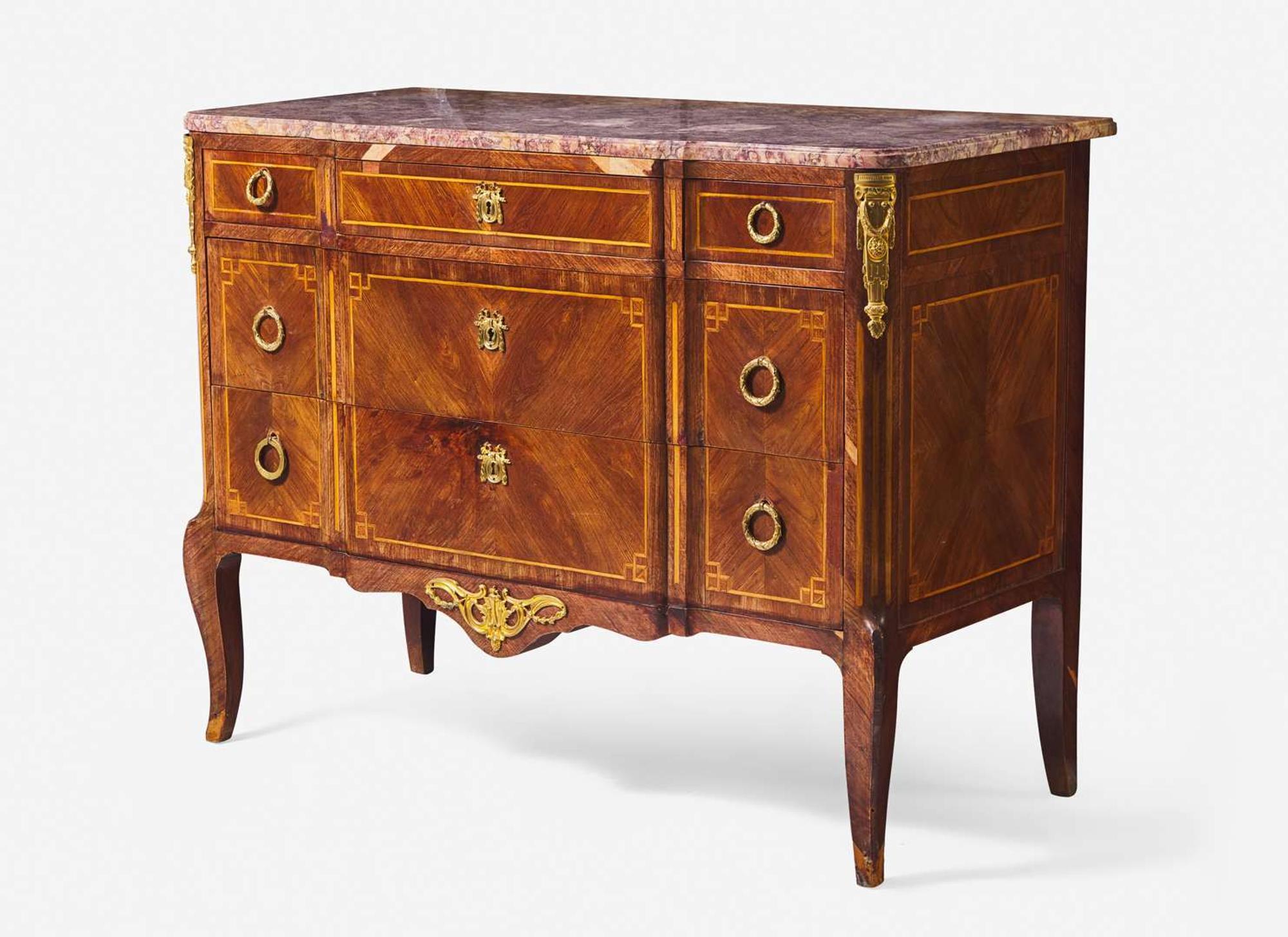 A Louis XVI style gilt-bronze mounted parquetry commode with breccia marble top, Brunovan, Inc., Paris and New York, first half 20th century