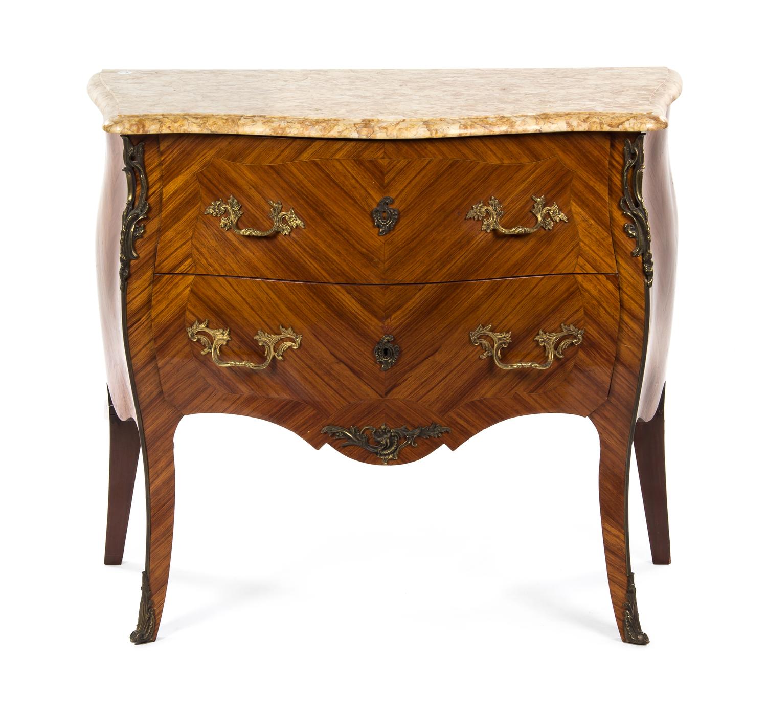 A Louis XV Style Gilt Metal Mounted Commode, Height 34 x width 38 3/4 x depth 19 inches.