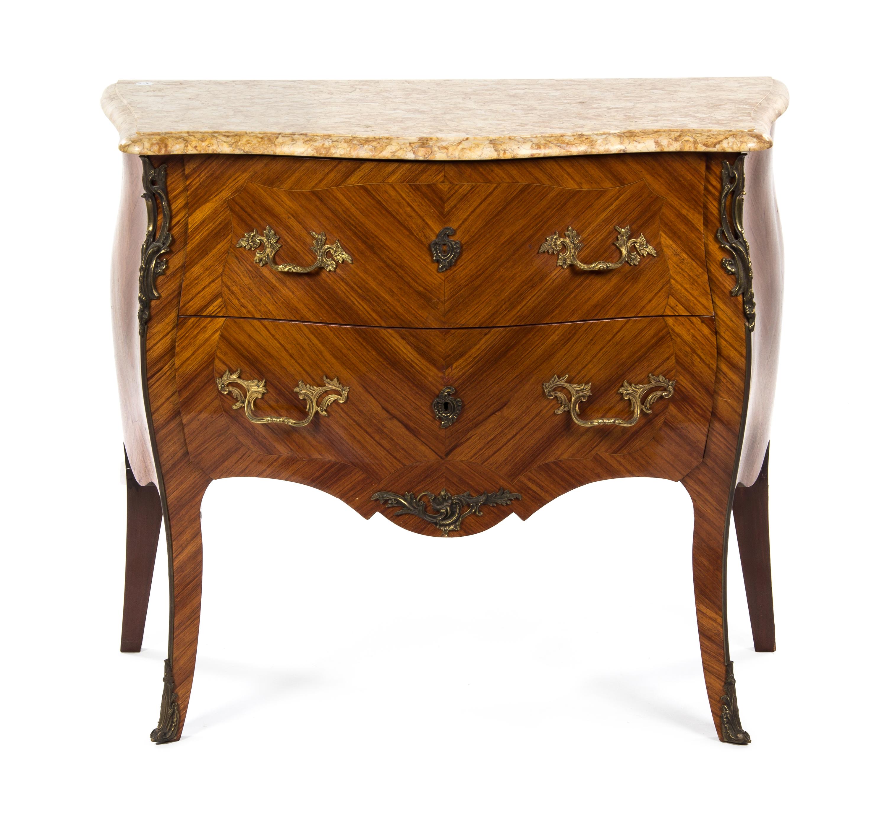 A Louis XV Style Gilt Metal Mounted Commode, Height 34 x width 38 3/4 x depth 19 inches.
