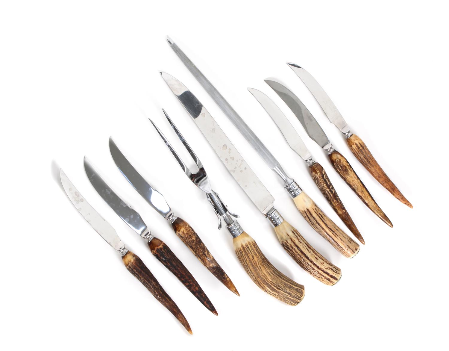 A Hasselbring Stainless Steel and Antler Carving Set and Steak Knives Length of carving knife 12 1/2 inches