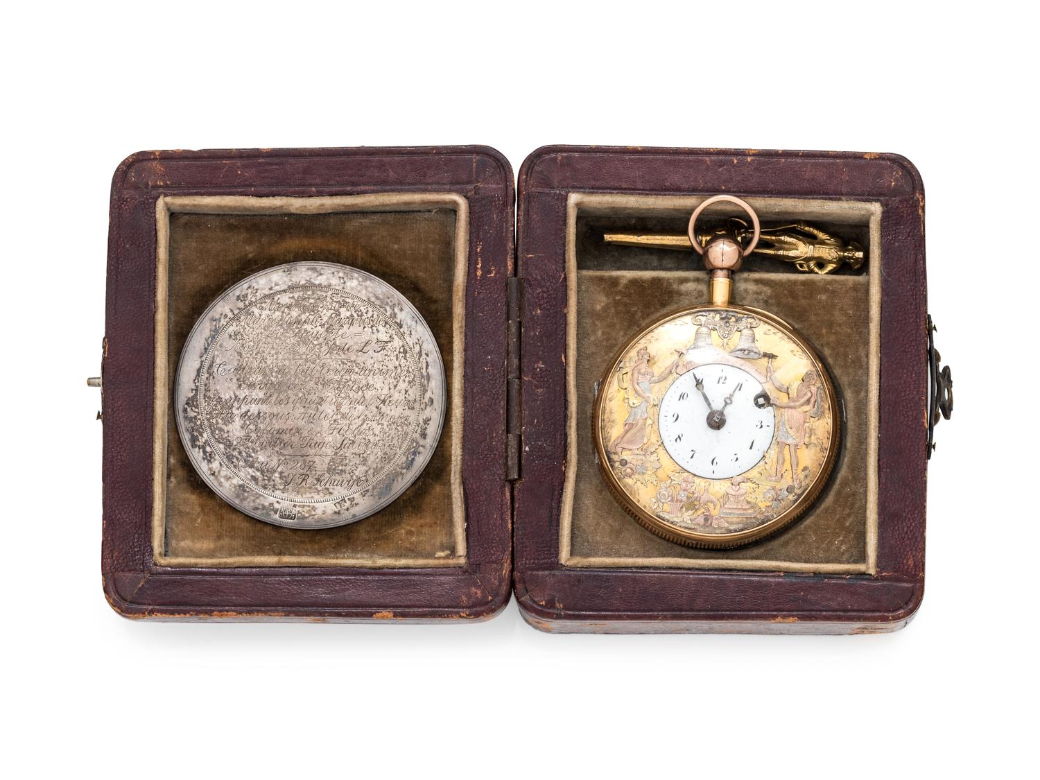 A HISTORIC 18K TRICOLOR GOLD OPEN FACE JACQUEMART AUTOMATON QUARTER REPEATER POCKET WATCH