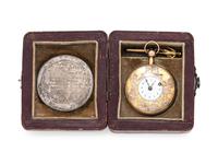 A HISTORIC 18K TRICOLOR GOLD OPEN FACE JACQUEMART AUTOMATON QUARTER REPEATER POCKET WATCH