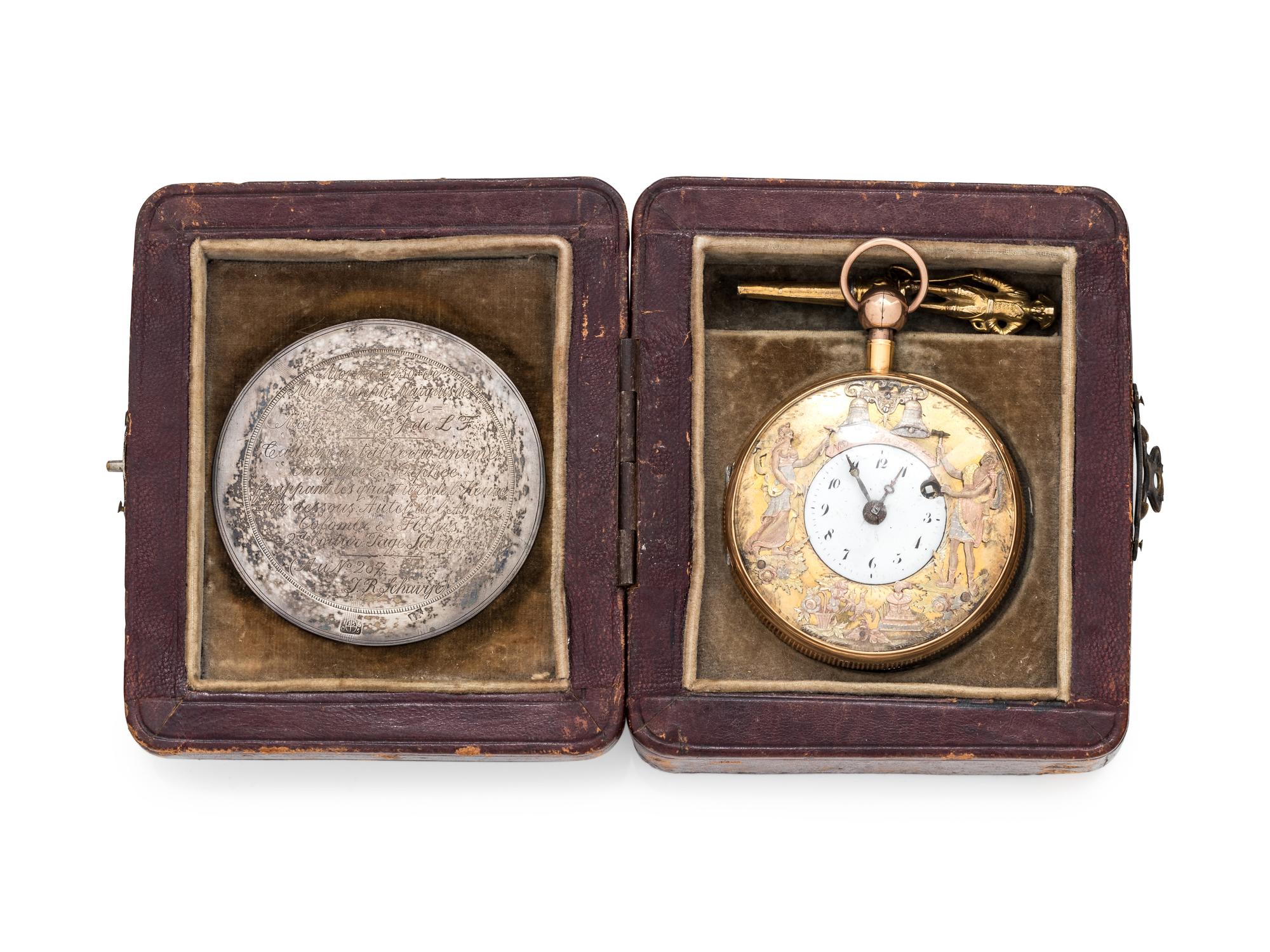 A HISTORIC 18K TRICOLOR GOLD OPEN FACE JACQUEMART AUTOMATON QUARTER REPEATER POCKET WATCH