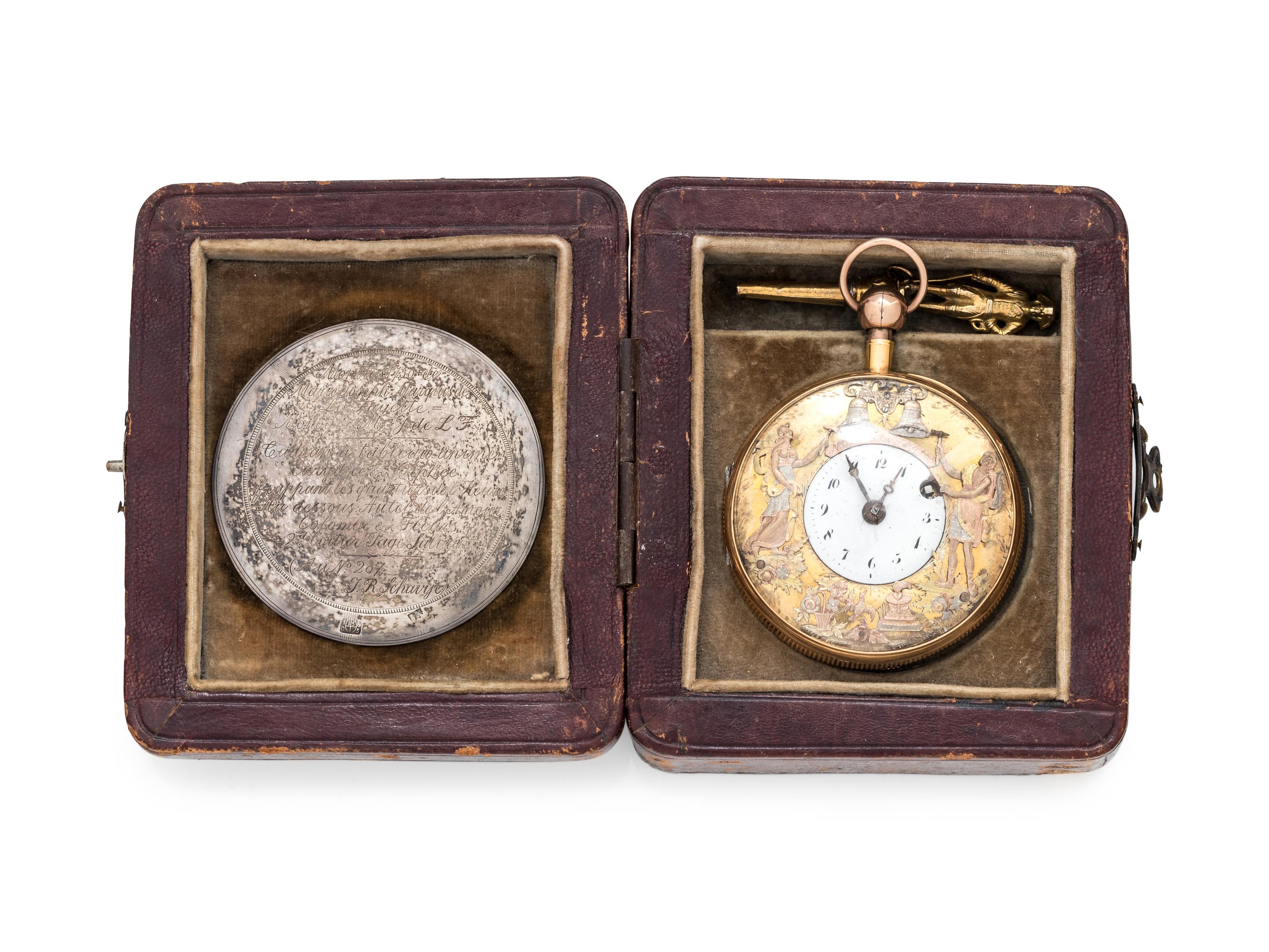 A HISTORIC 18K TRICOLOR GOLD OPEN FACE JACQUEMART AUTOMATON QUARTER REPEATER POCKET WATCH