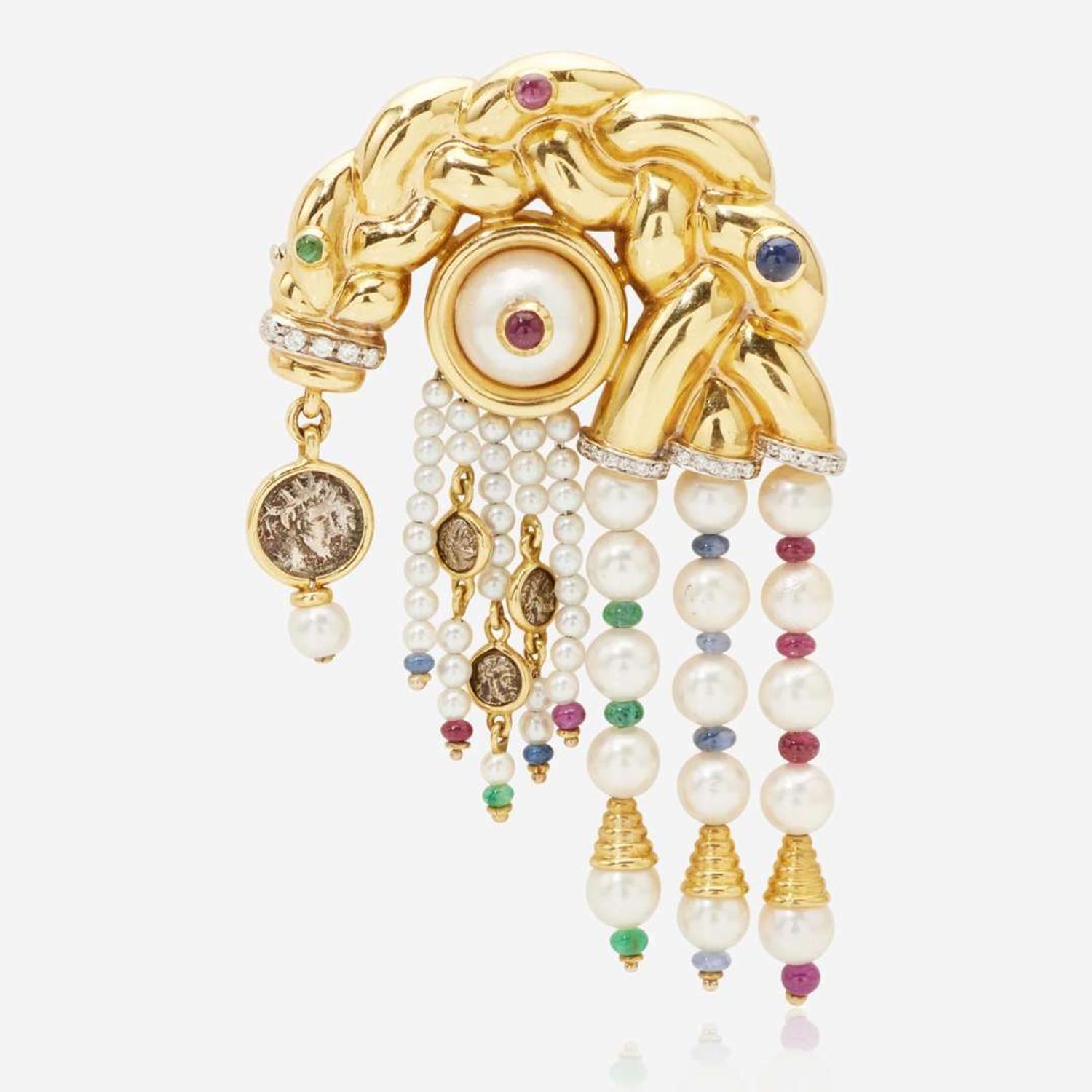 An 18K Yellow Gold and Gemstone Roberto Legnazzi Brooch
