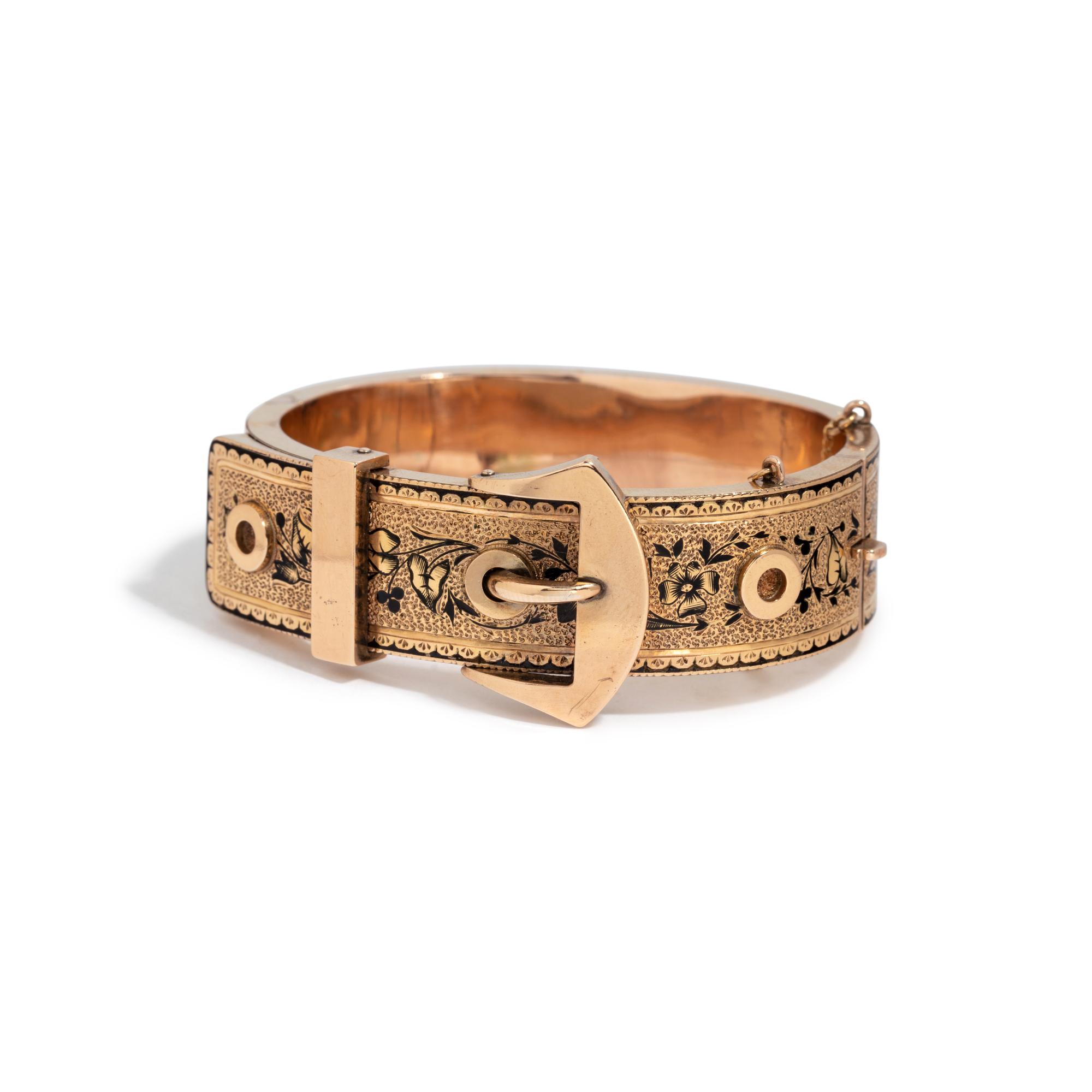 VICTORIAN, ROSE GOLD AND ENAMEL BUCKLE BANGLE BRACELET