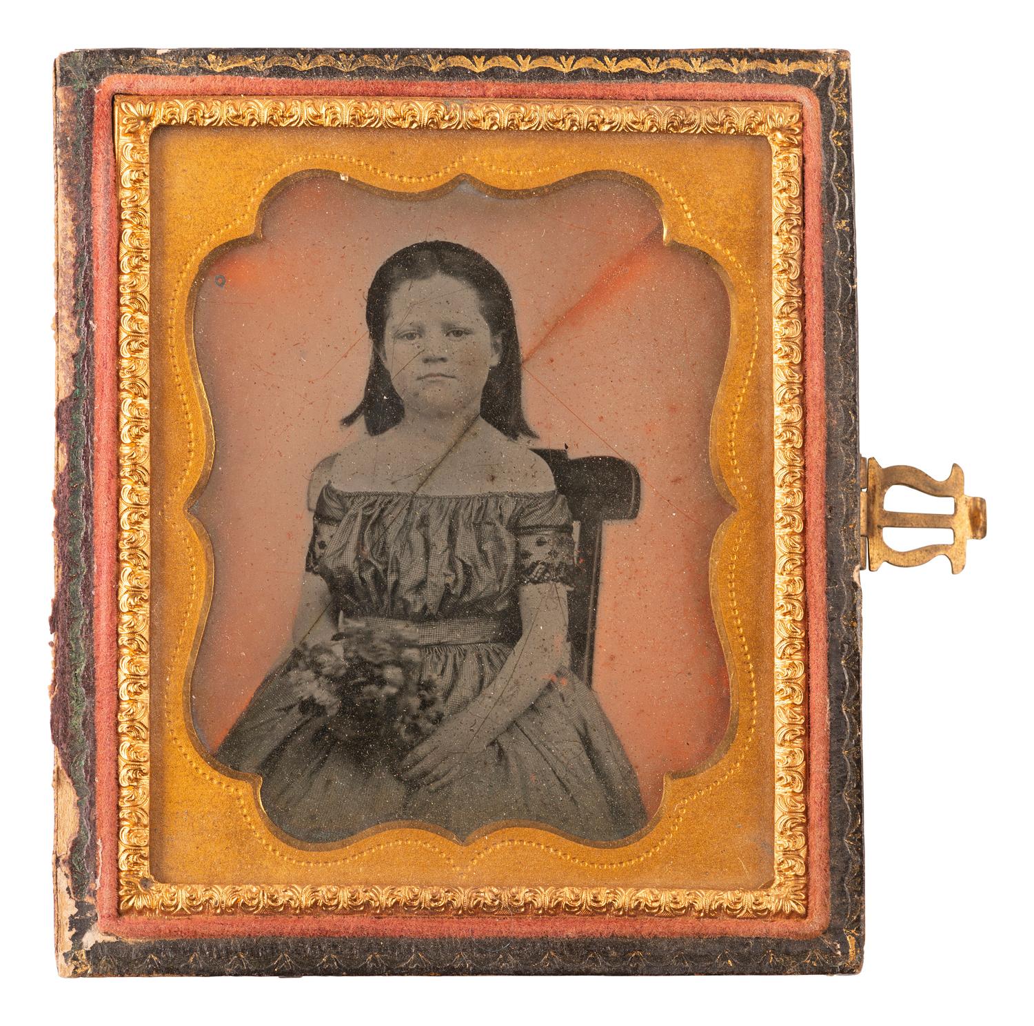 [LINCOLNIANA]. Sixth plate ambrotype of subject identified as Lizzie Gilmer, the daughter of Daniel H. Gilmer, who purportedly demanded a toll from Lincoln.