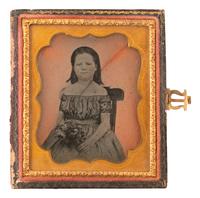 [LINCOLNIANA]. Sixth plate ambrotype of subject identified as Lizzie Gilmer, the daughter of Daniel H. Gilmer, who purportedly demanded a toll from Lincoln.