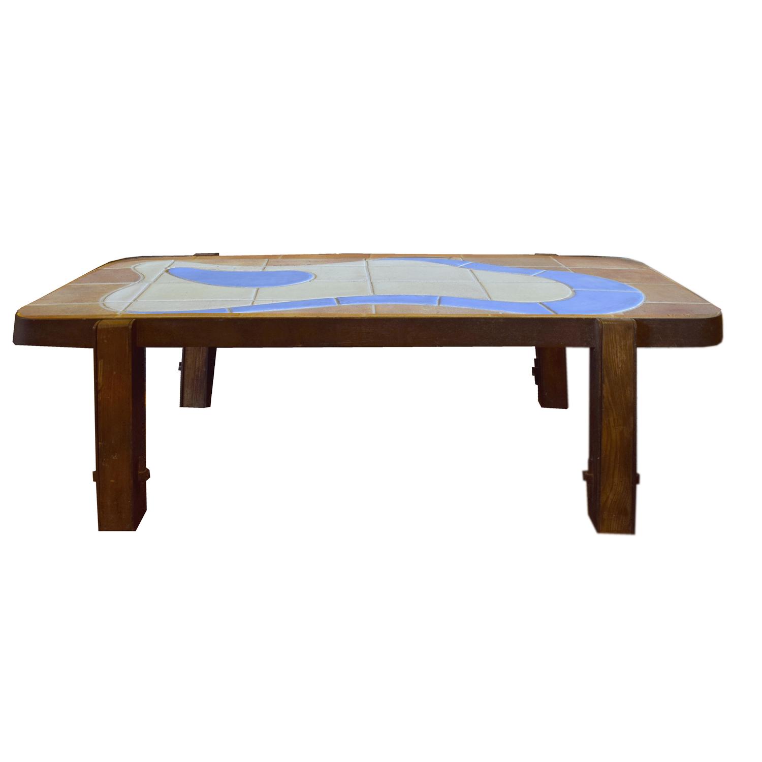 A Mid-Century Wood and Tile Table by Barrois for Vallauris 47.5" W x 22.5" D x 14" H — France, Mid-20th Century