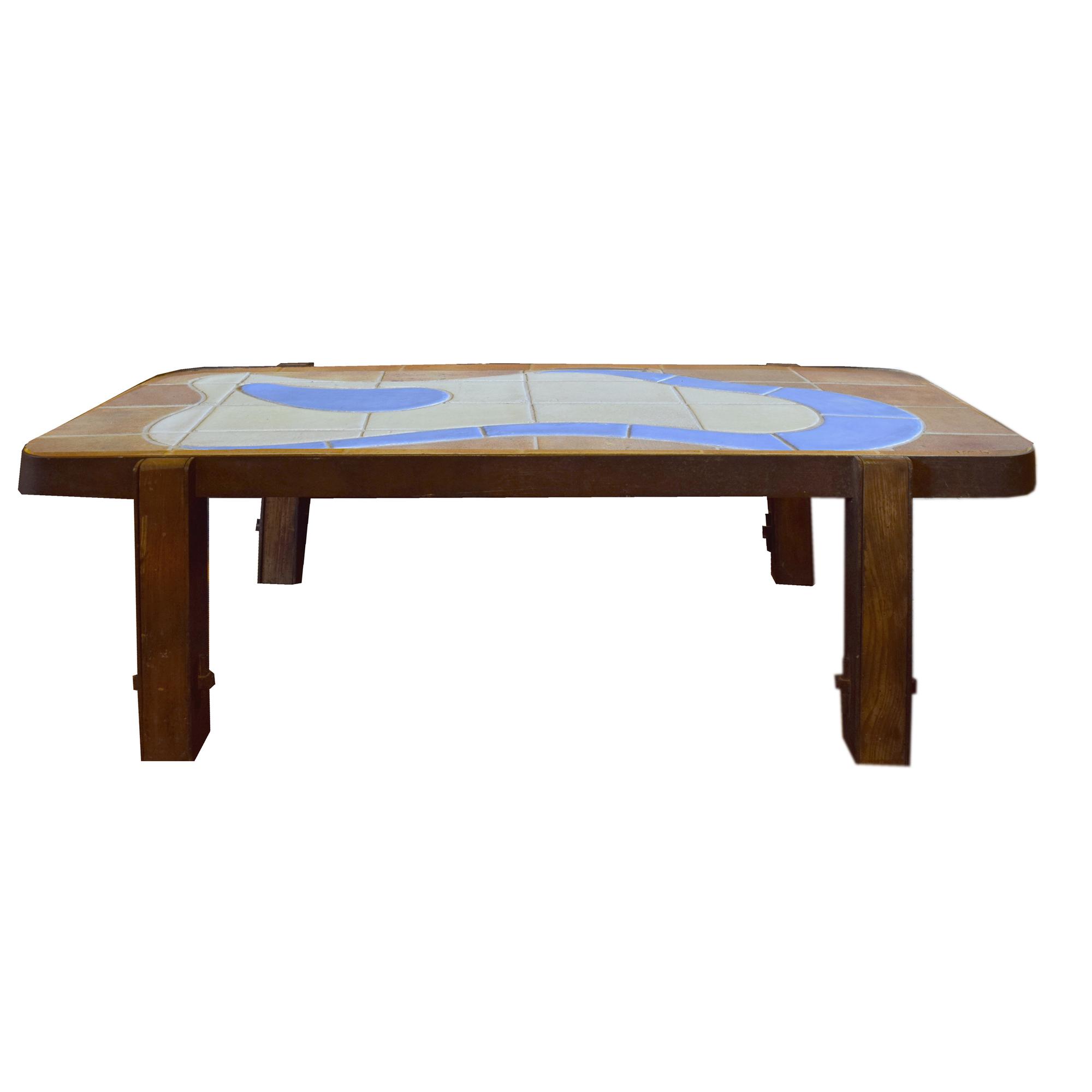 A Mid-Century Wood and Tile Table by Barrois for Vallauris 47.5" W x 22.5" D x 14" H — France, Mid-20th Century