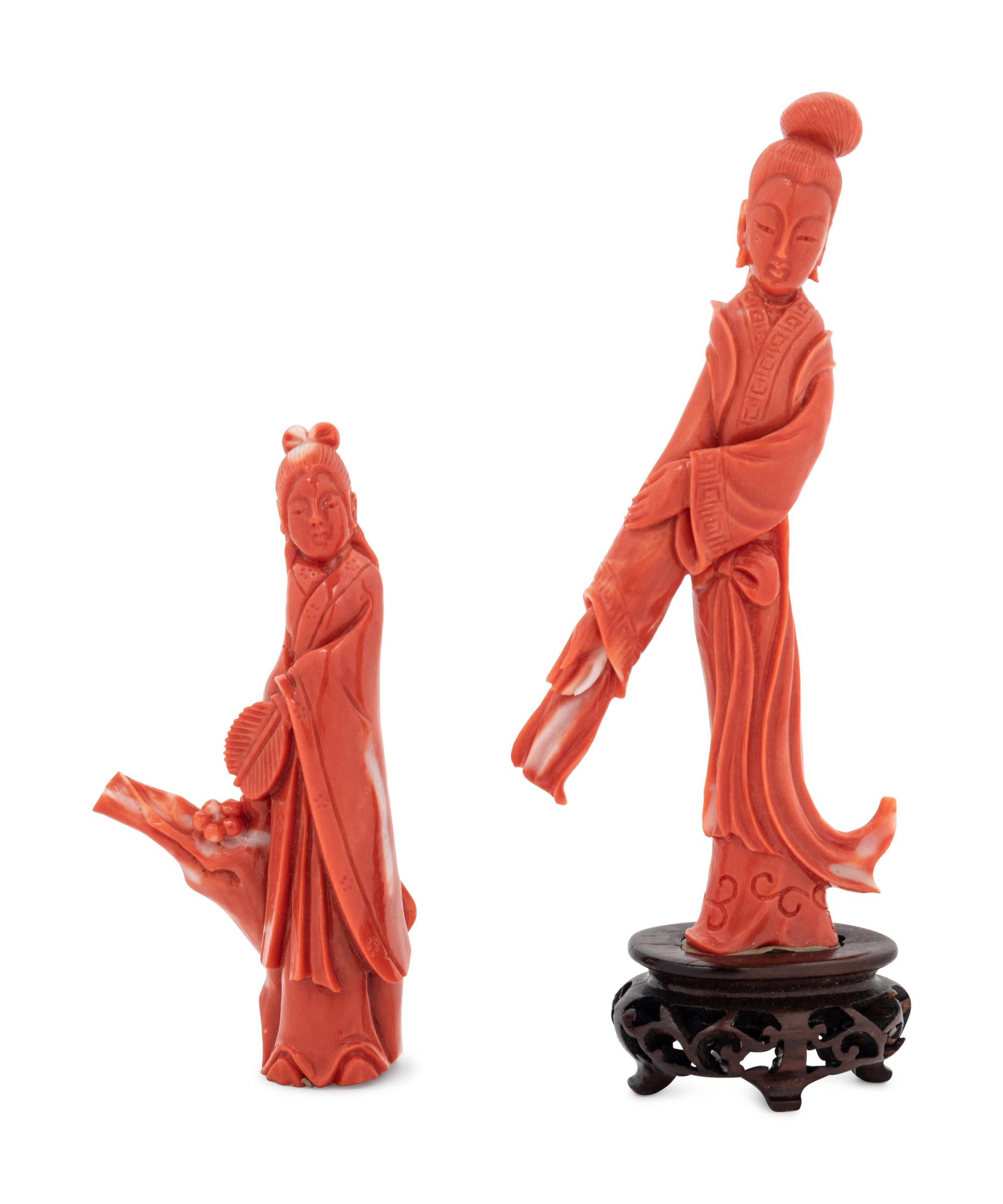 A Pair of Chinese Coral Figures of Ladies