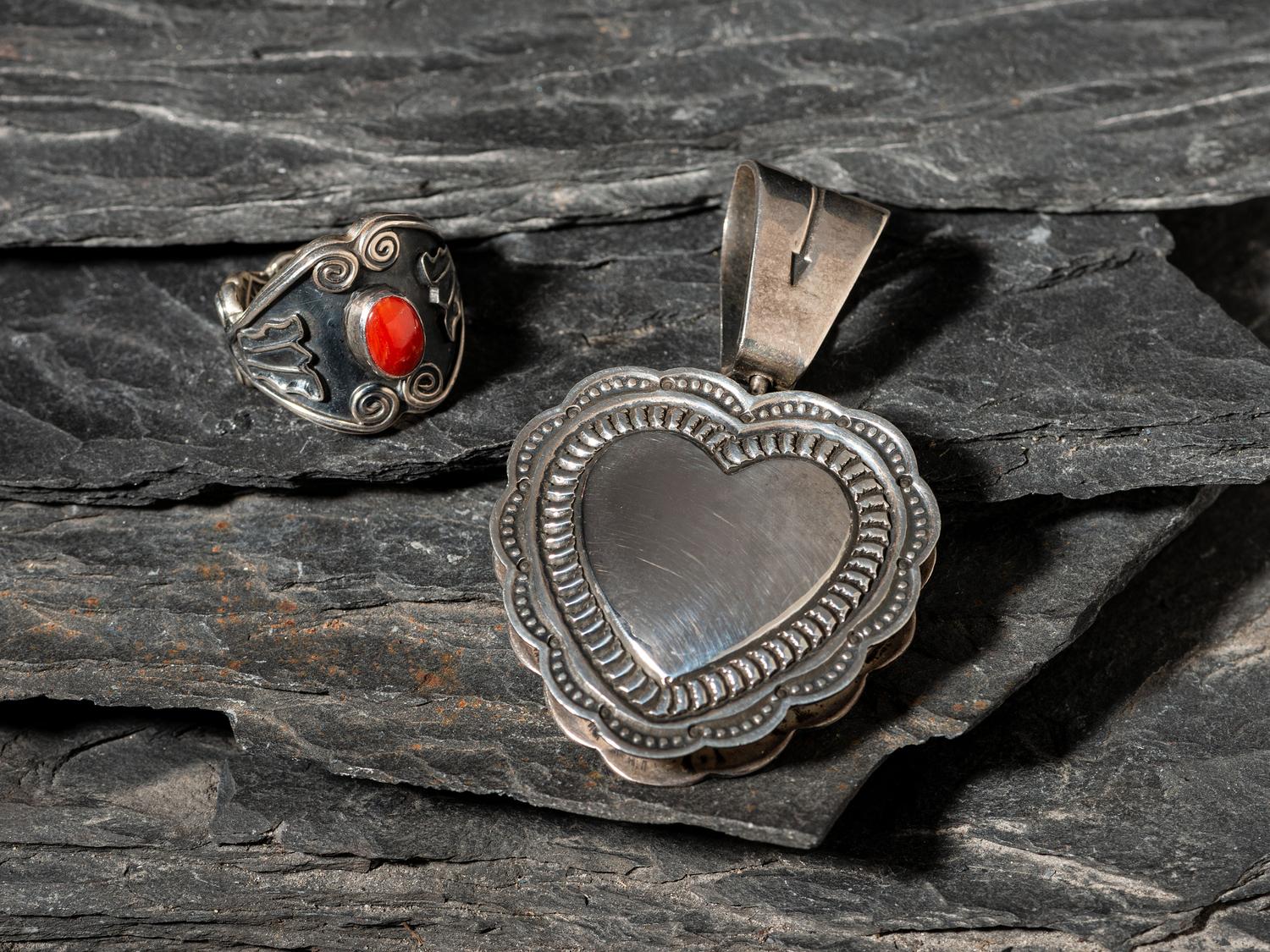 Sterling Silver Heart-shaped Locket and Coral Ring