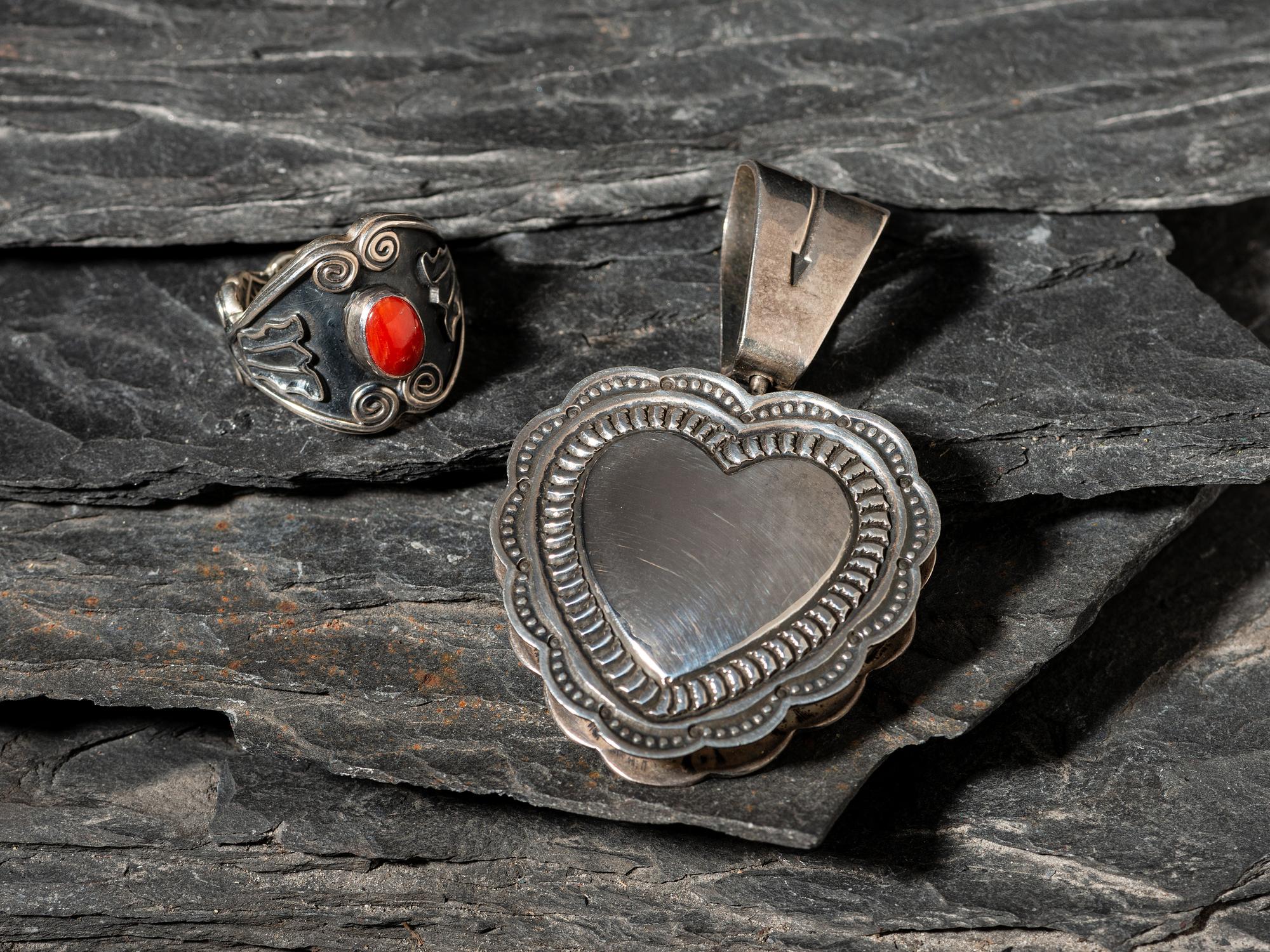 Sterling Silver Heart-shaped Locket and Coral Ring