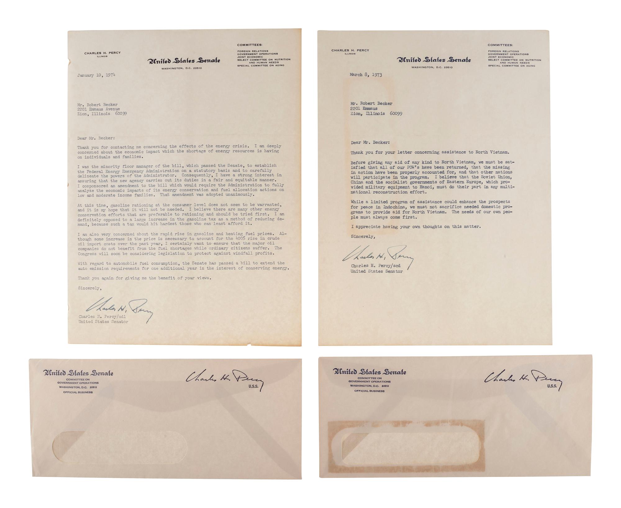 [POLITICS]. Political correspondence archive relating to important 1960s and 1970s issues and addressed to Major Robert H. Becker (1924-2014), USAF Retired.