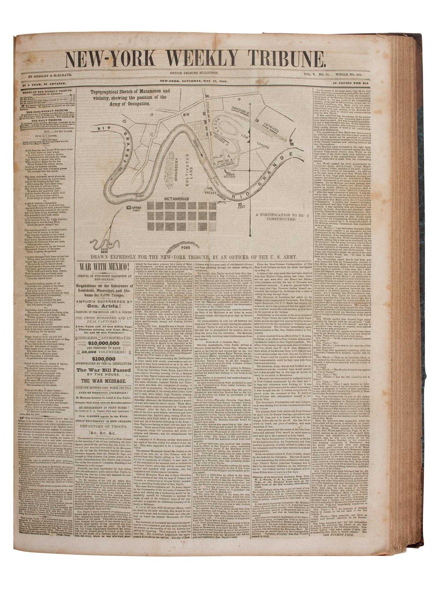 [MEXICAN-AMERICAN WAR]. New-York Weekly Tribune. 283 issues in 3 bound volumes (incomplete run). New York: Greeley & McElrath, 1844-1853. Identified to Seymour L. Judd, 89th New York Infantry, WIA & DOW Petersburg.
