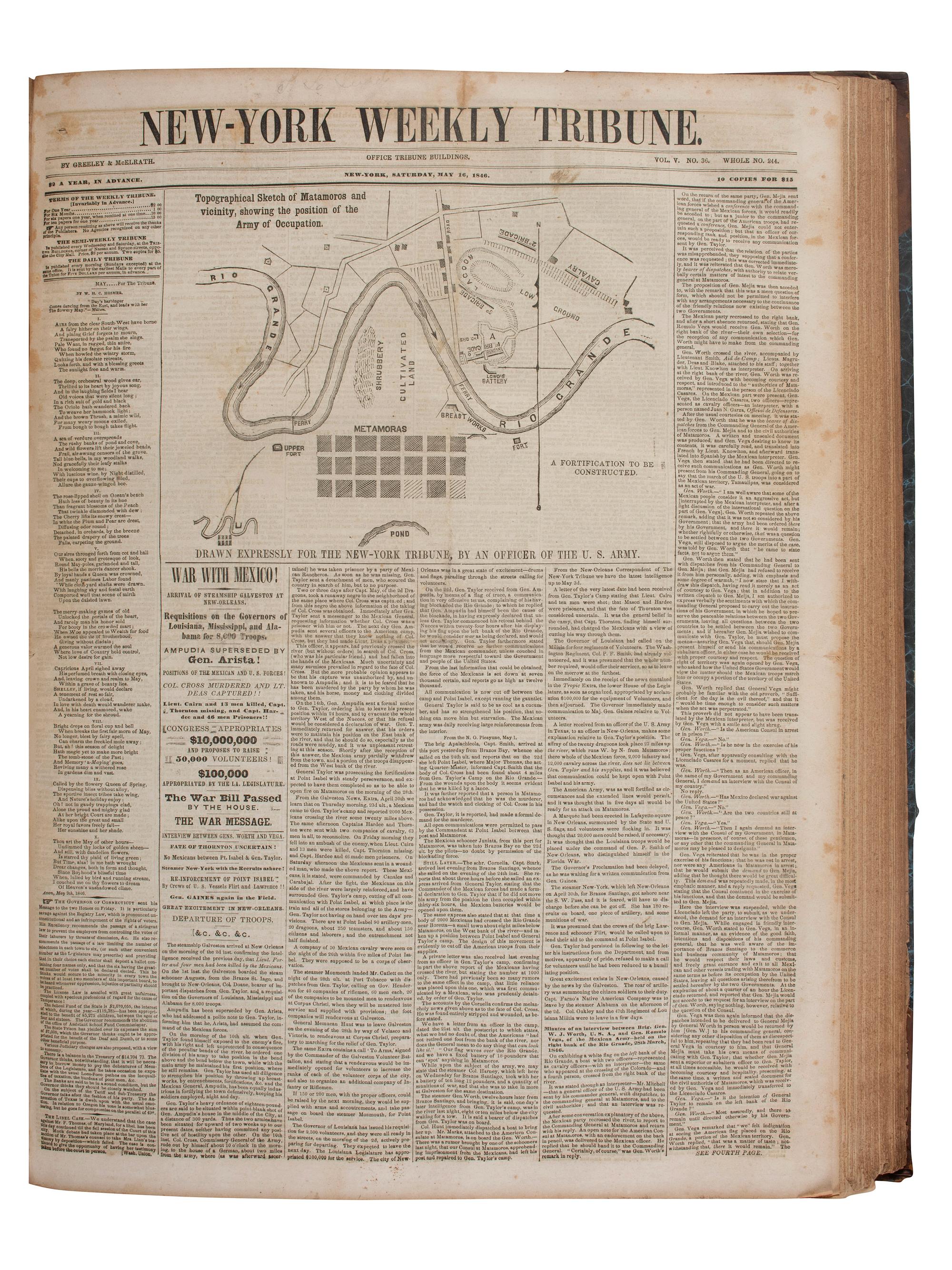 [MEXICAN-AMERICAN WAR]. New-York Weekly Tribune. 283 issues in 3 bound volumes (incomplete run). New York: Greeley & McElrath, 1844-1853. Identified to Seymour L. Judd, 89th New York Infantry, WIA & DOW Petersburg.