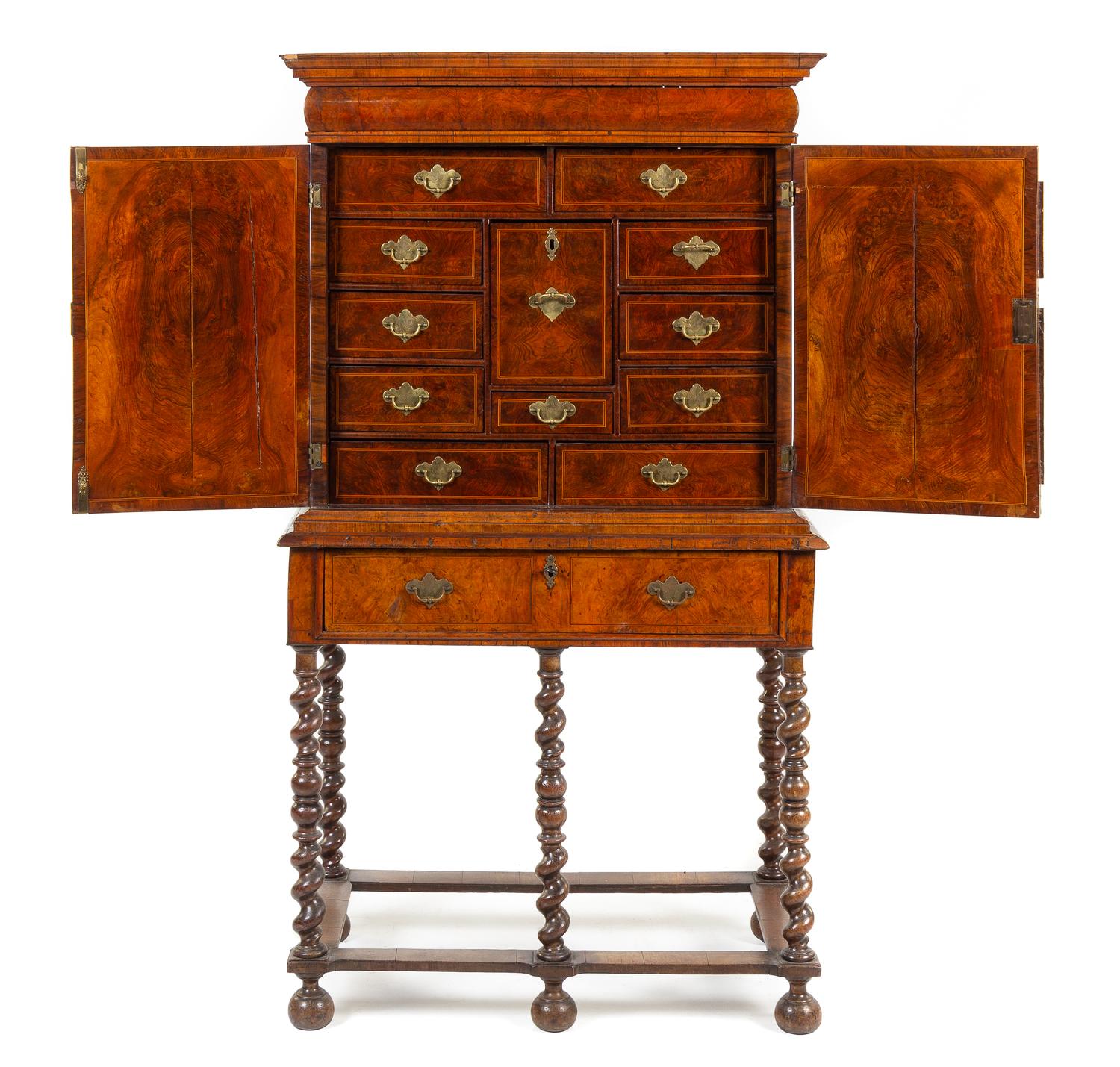 A William and Mary Burl Walnut Cabinet on Stand Height 63 1/2 x width 35 x depth 19 inches. — 17TH CENTURY