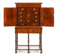 A William and Mary Burl Walnut Cabinet on Stand Height 63 1/2 x width 35 x depth 19 inches. — 17TH CENTURY